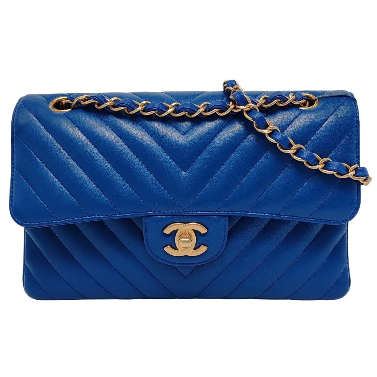 Chanel Classic Flap Small Chevron Stitching Royal Blue Lambskin Leather Gold Har en venta