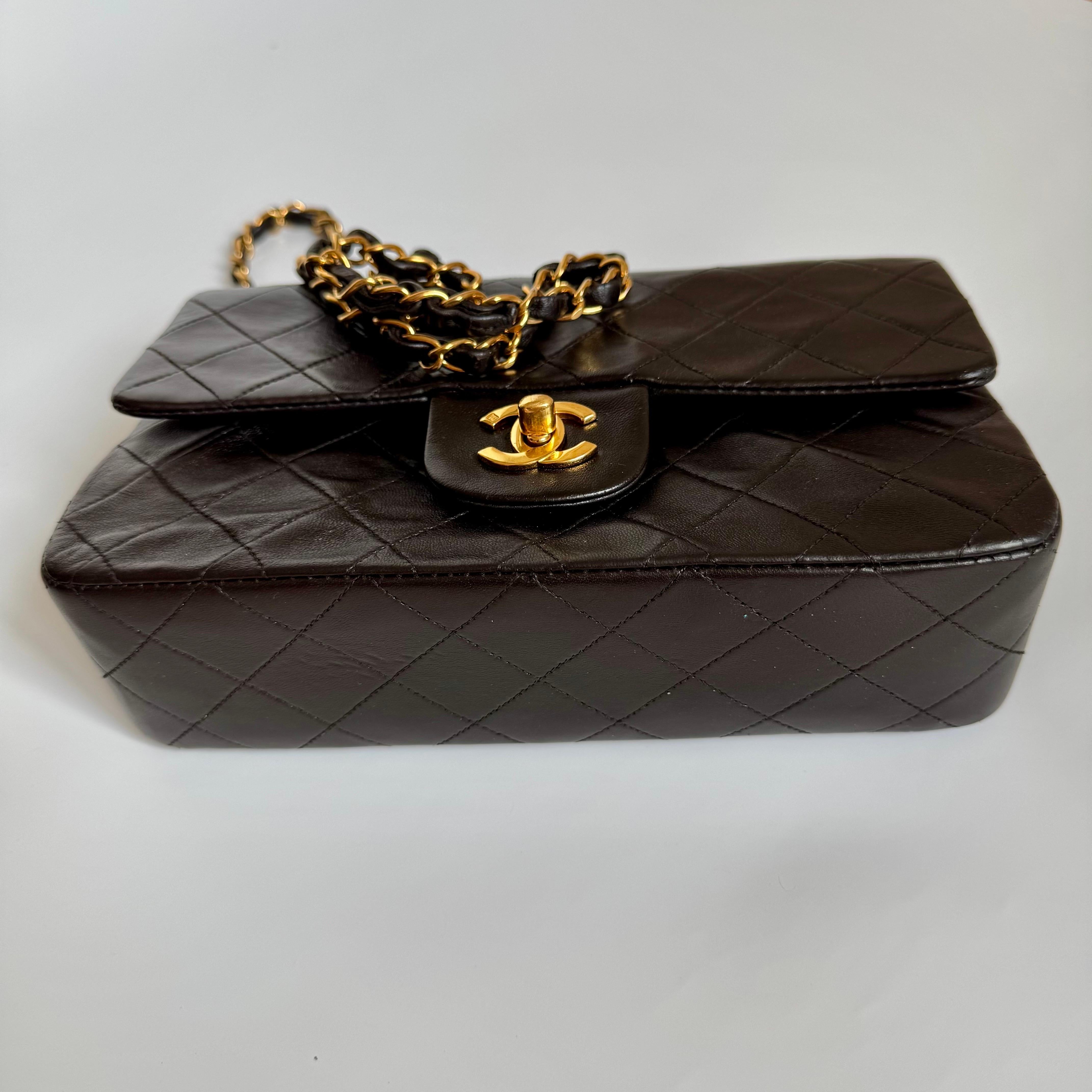Black Chanel Classic Flap Small Dark Chocolate Brown Lambskin Leather with 24k GHW For Sale
