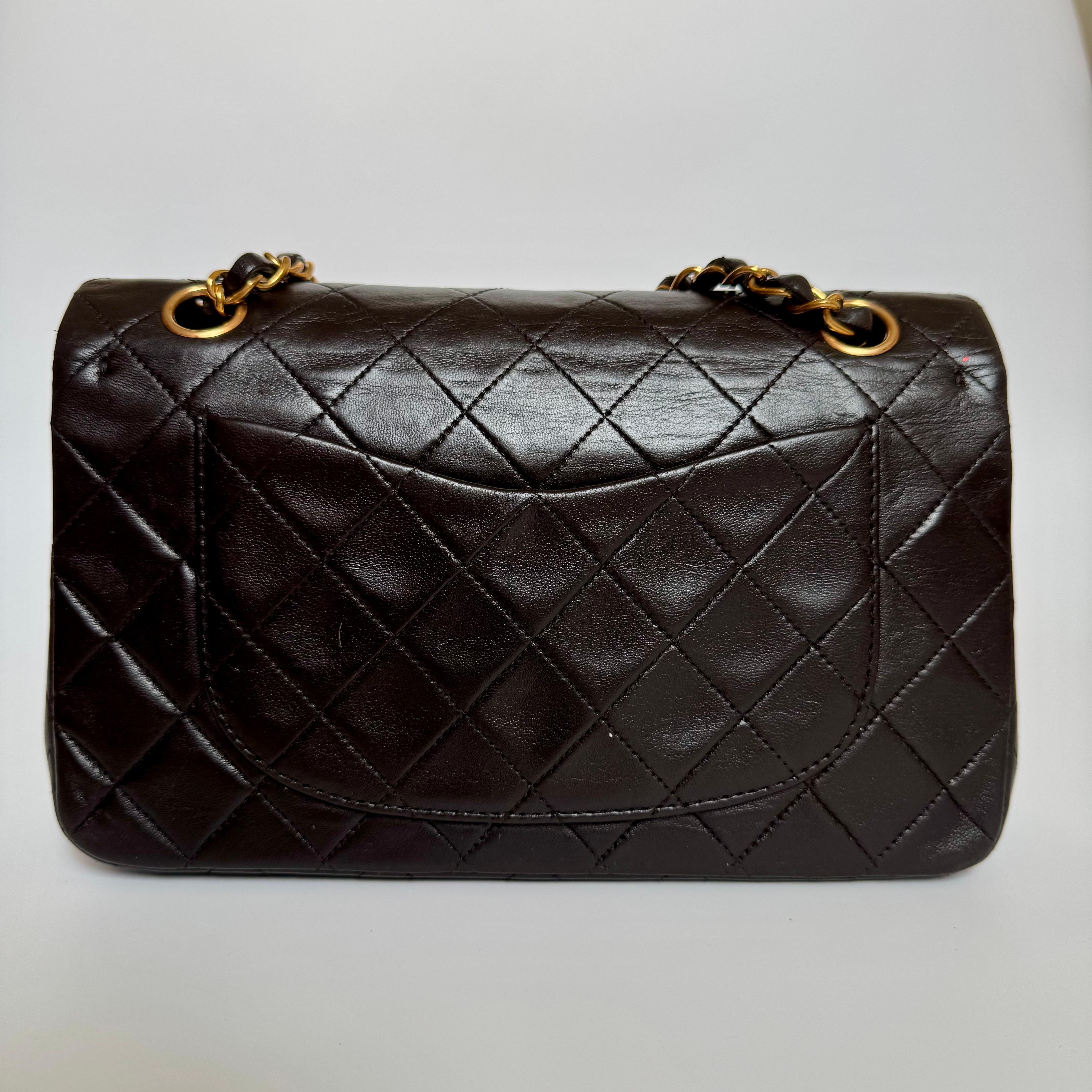 Chanel Classic Flap Small Dark Chocolate Brown Lambskin Leather with 24k GHW For Sale 1
