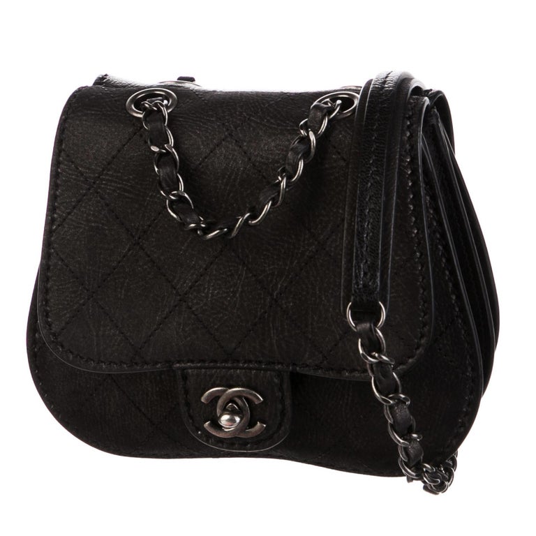 Chanel Paris Dallas Classic Flap Small Mini Quilted Saddle Black Nubuck Bag  For Sale at 1stDibs