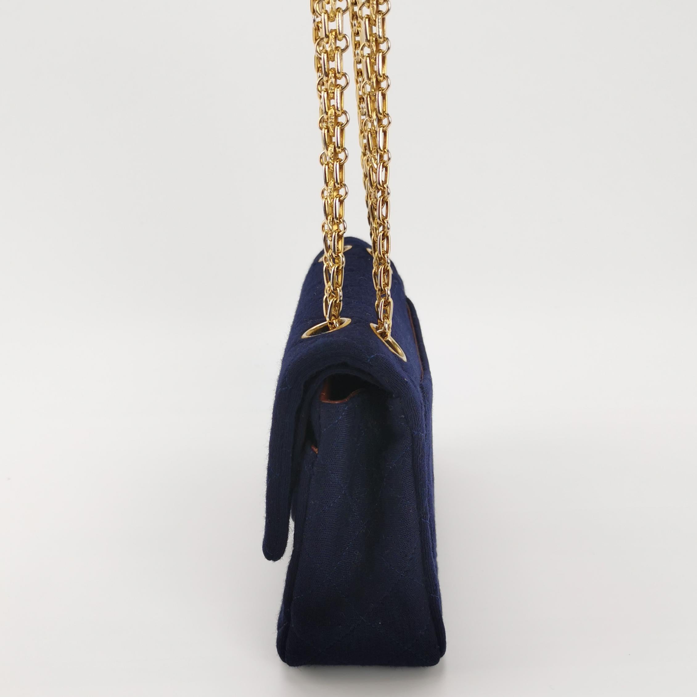 Black Chanel Classic Flap Small Vintage Navy Fabric 24k Gold Hardware Chain Strap For Sale