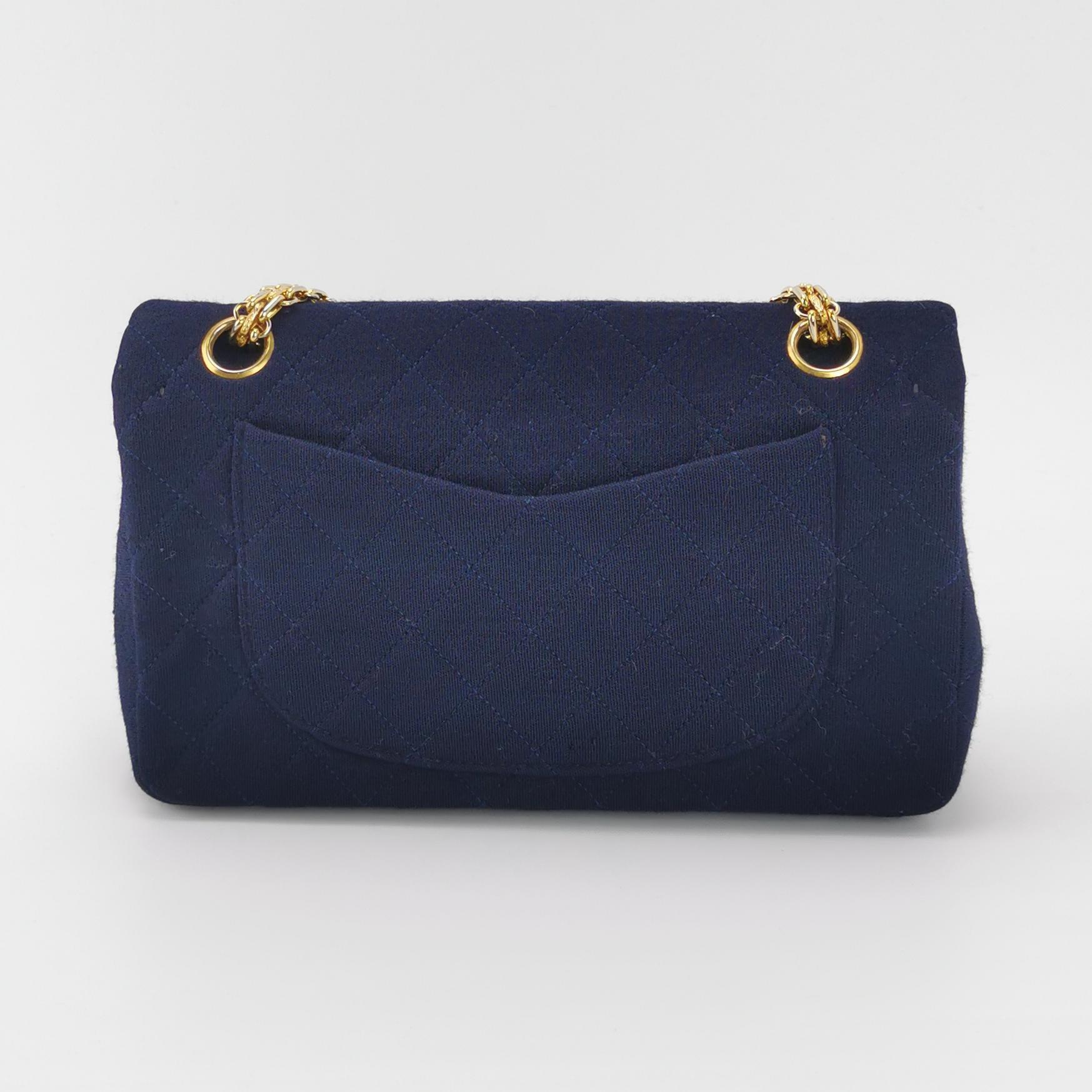 Women's Chanel Classic Flap Small Vintage Navy Fabric 24k Gold Hardware Chain Strap For Sale