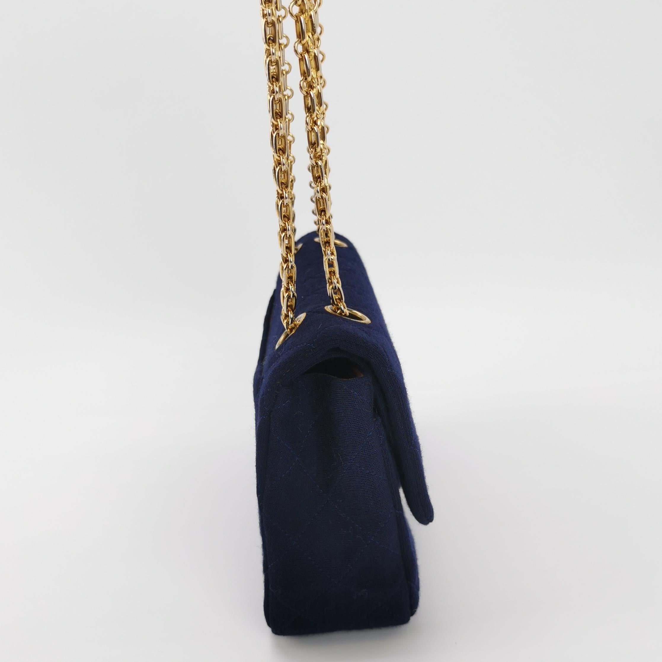 Chanel Classic Flap Small Vintage Navy Fabric 24k Gold Hardware Chain Strap For Sale 1
