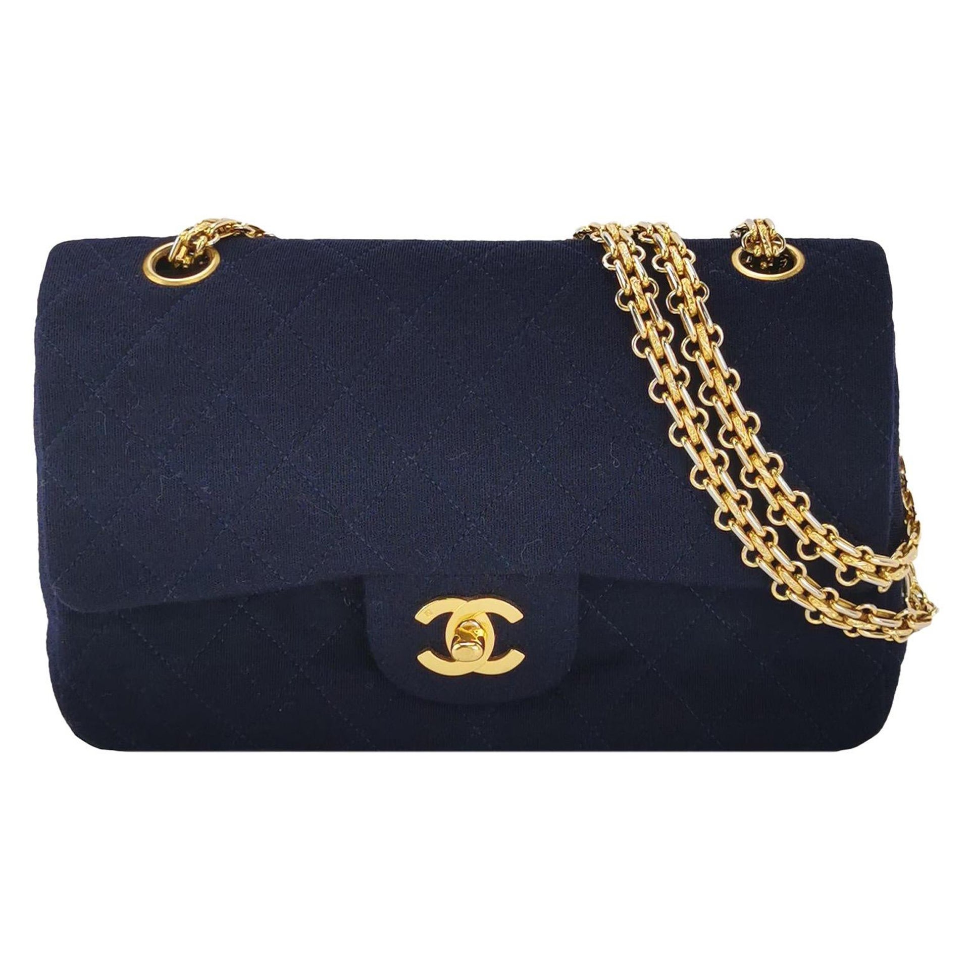 Chanel Classic Flap Small Vintage Navy Fabric 24k Gold Hardware Chain Strap
