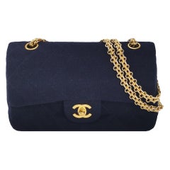 Chanel Classic Flap Small Vintage Navy Fabric 24k Gold Hardware Chain Strap