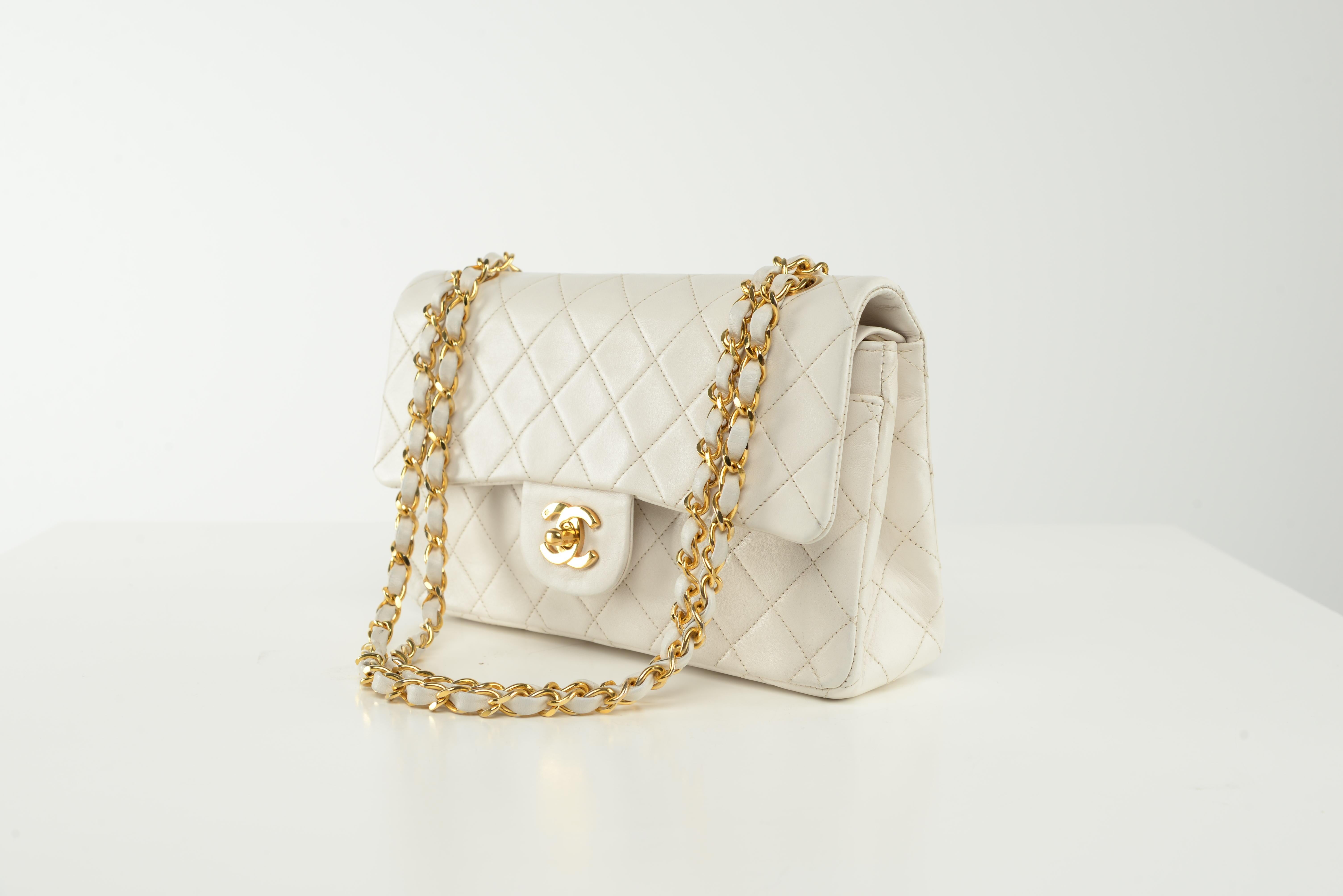 Beige Chanel Classic Flap Small White Lambskin Gold Vintage
