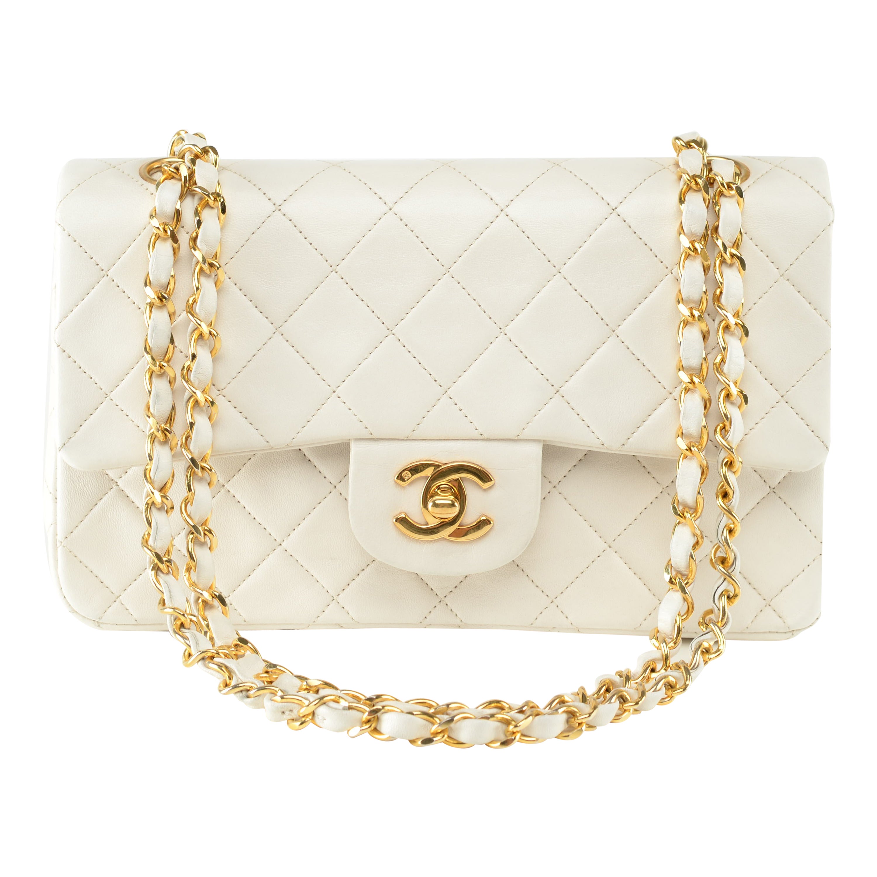 Chanel Classic Flap Small White Lambskin Gold Vintage