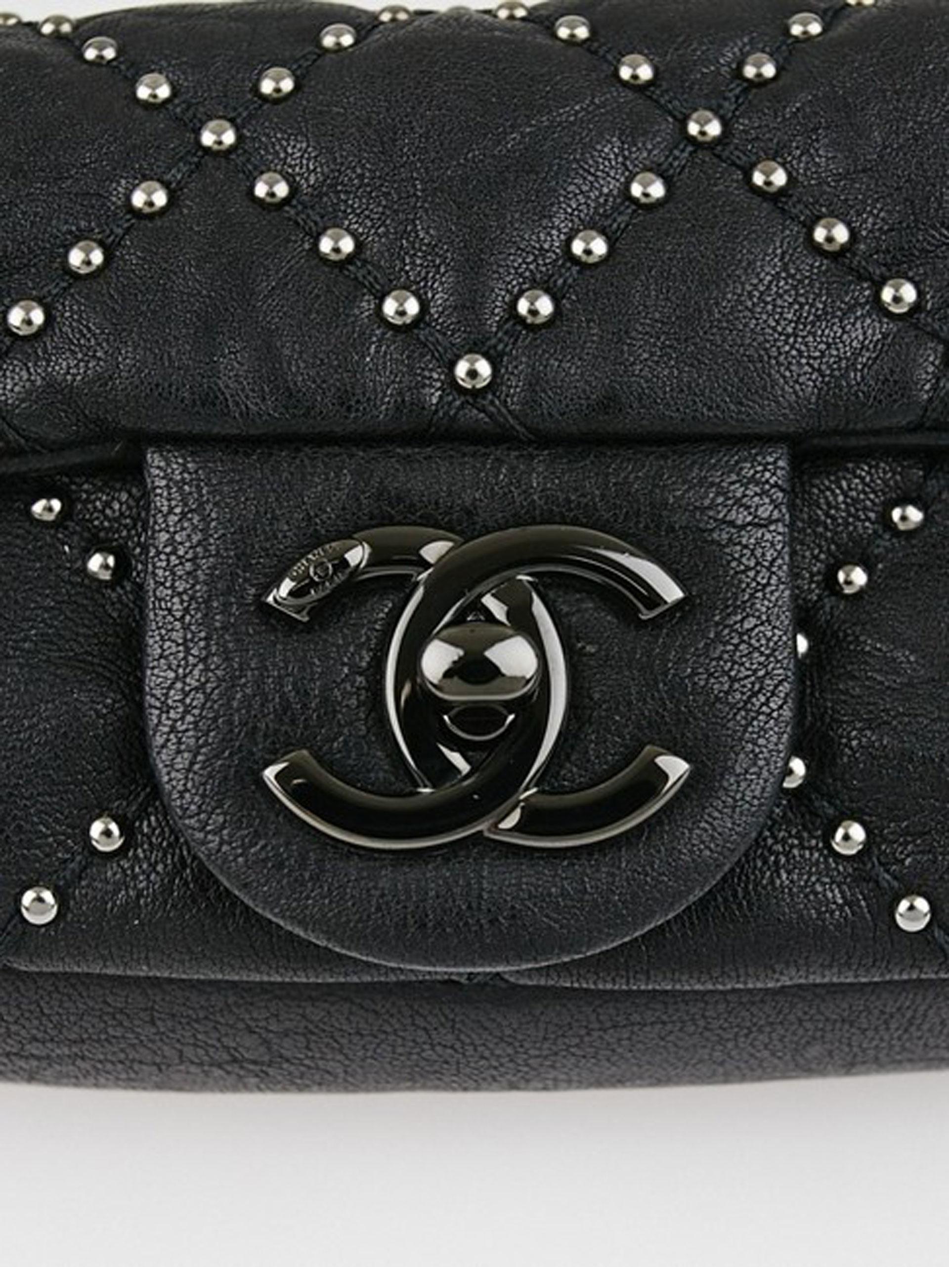 Chanel Classic Flap So Studded Mini Dallas Black Leather Cross Body Bag In Good Condition For Sale In Miami, FL