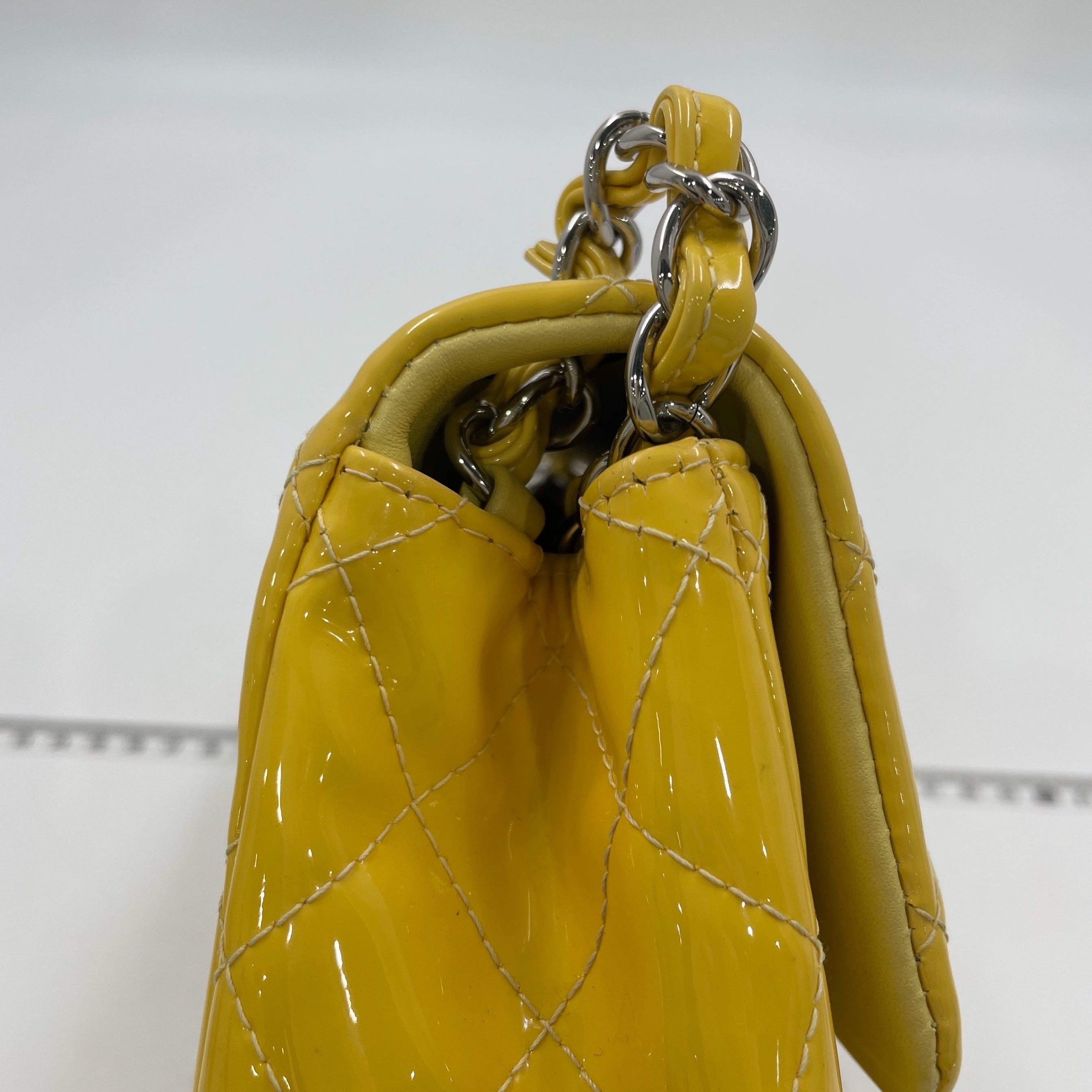 Chanel Classic Flap Square Mini Yellow Patent Leather Silver Hardware For Sale 7