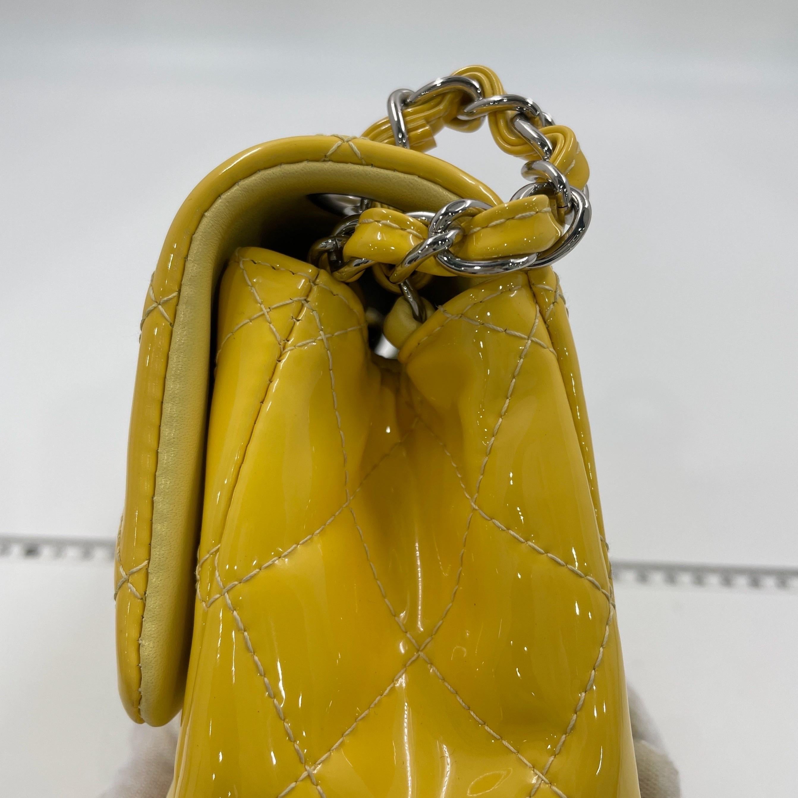 Chanel Classic Flap Square Mini Yellow Patent Leather Silver Hardware For Sale 8