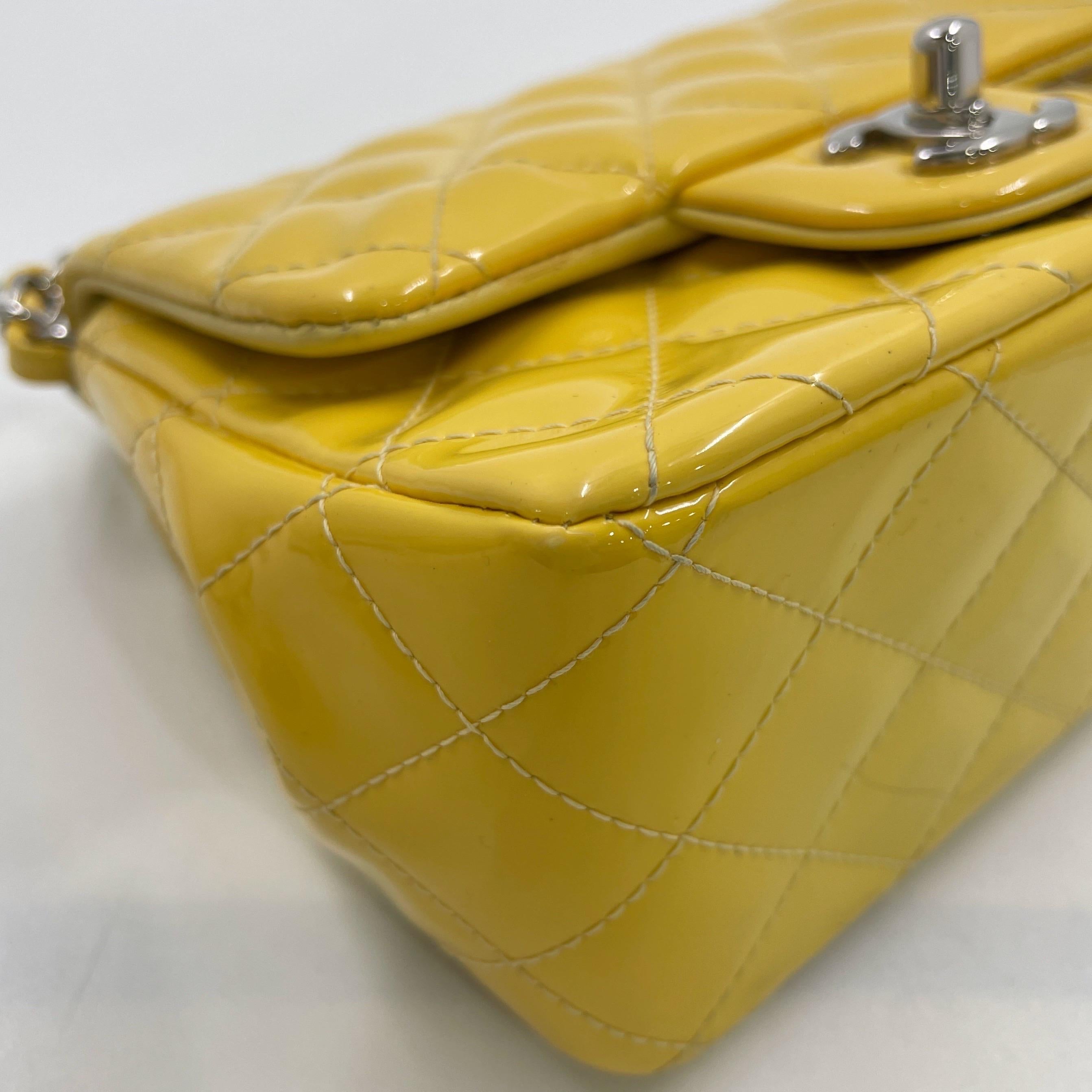 Chanel Classic Flap Square Mini Yellow Patent Leather Silver Hardware For Sale 9