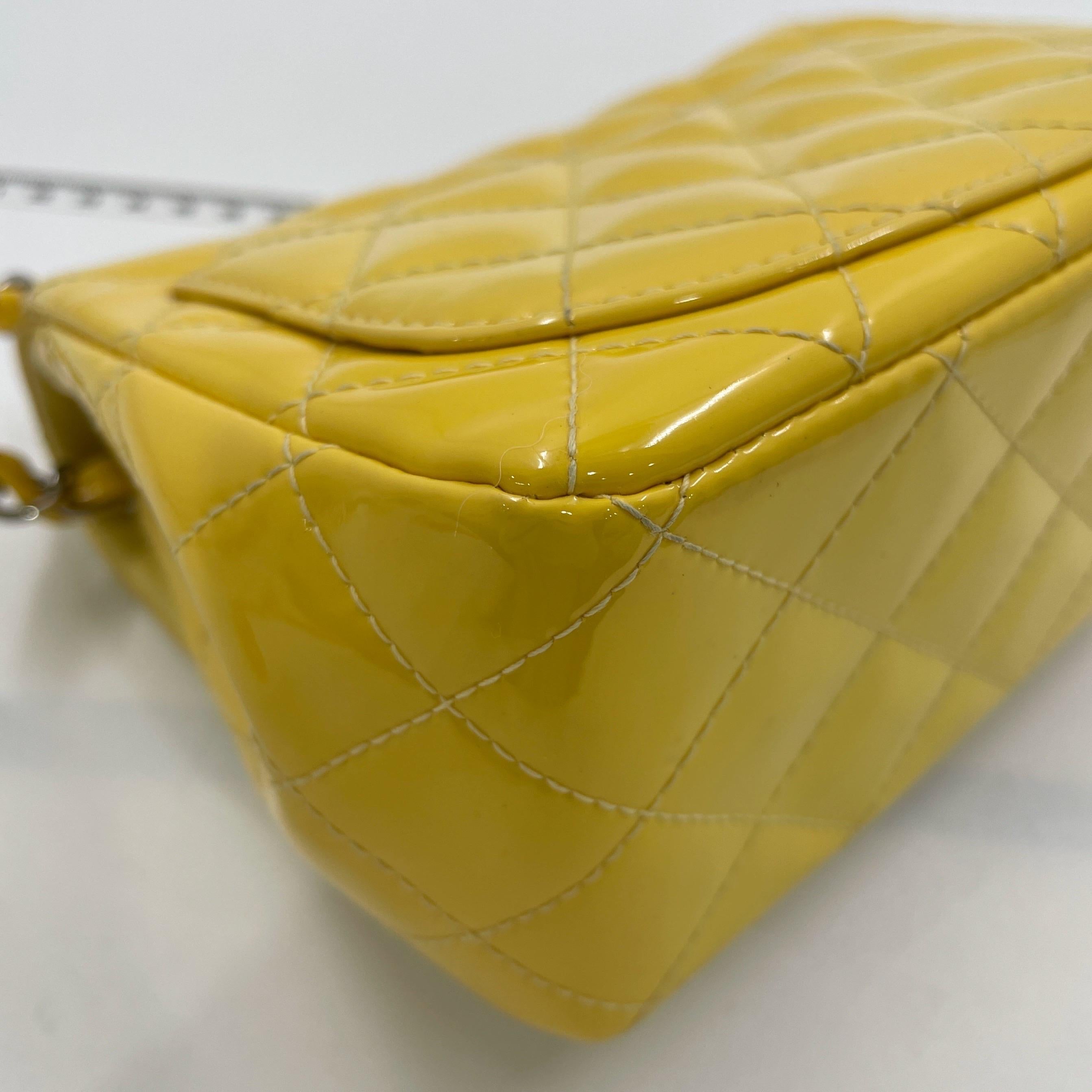 Chanel Classic Flap Square Mini Yellow Patent Leather Silver Hardware For Sale 11