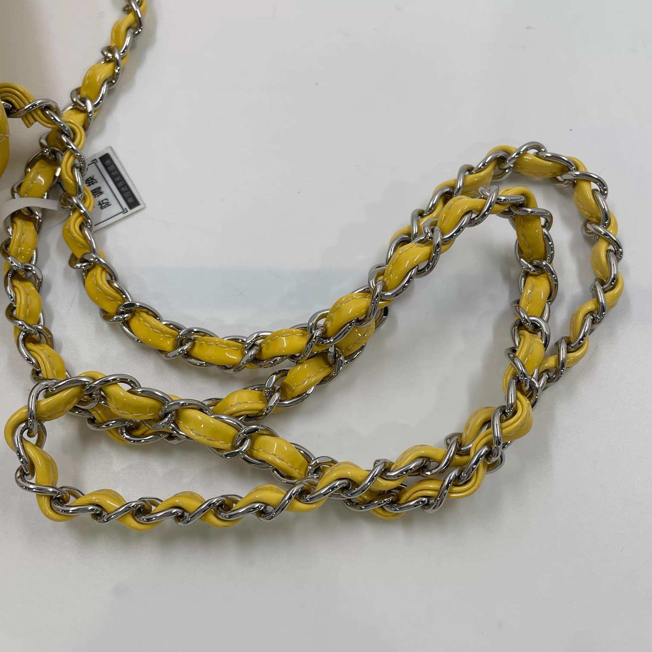 Chanel Classic Flap Square Mini Yellow Patent Leather Silver Hardware For Sale 12