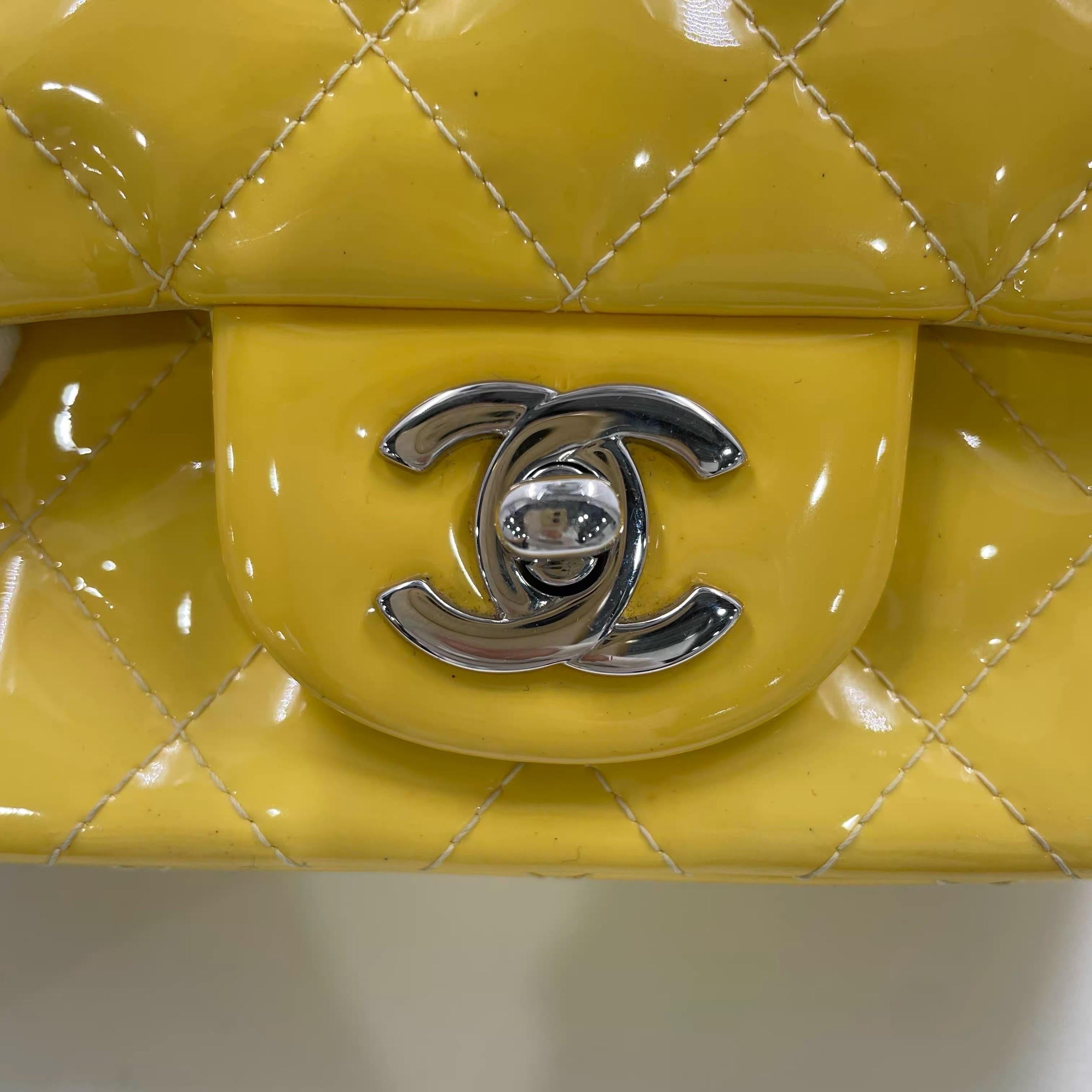 Chanel Classic Flap Square Mini Yellow Patent Leather Silver Hardware For Sale 14