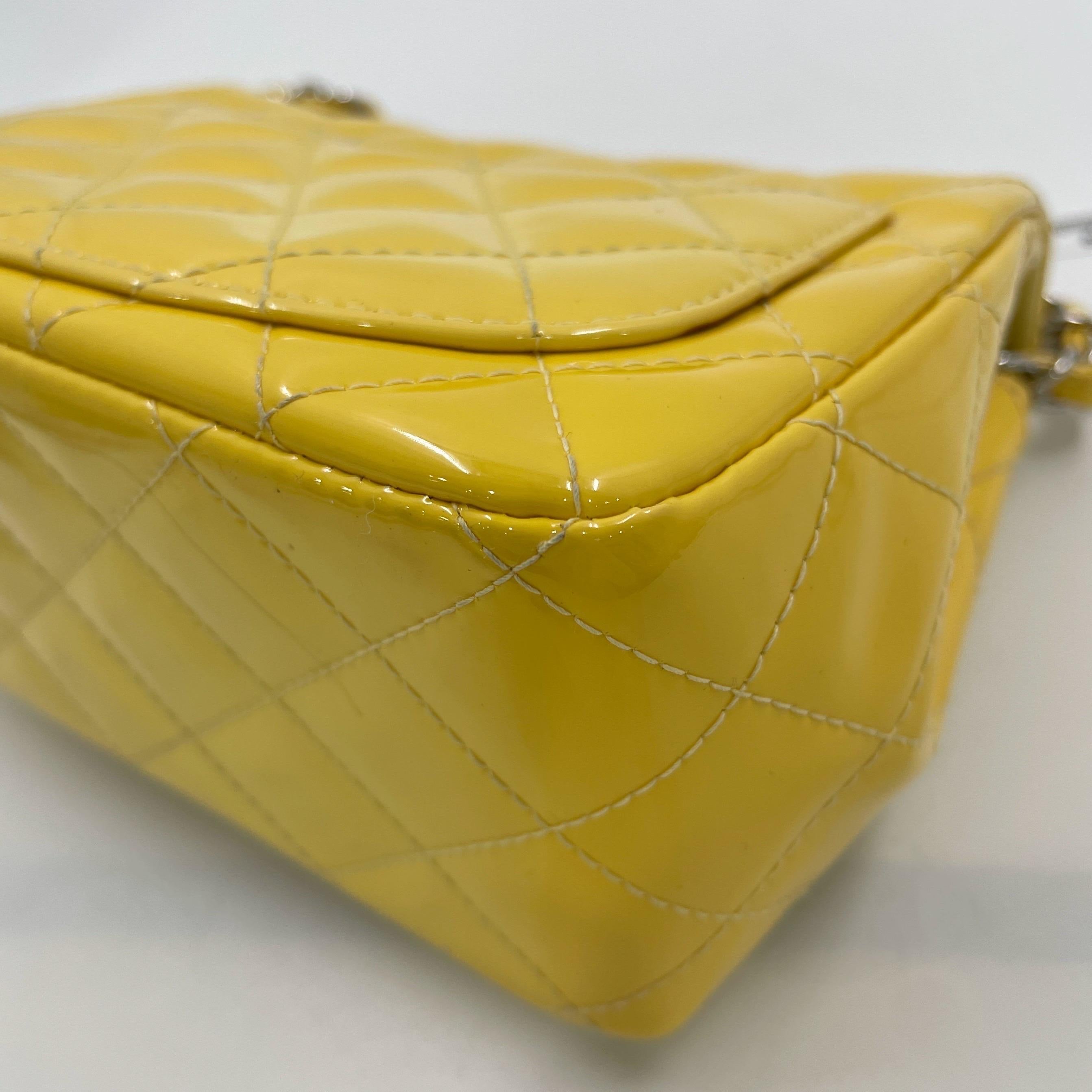 Chanel Classic Flap Square Mini Yellow Patent Leather Silver Hardware For Sale 15