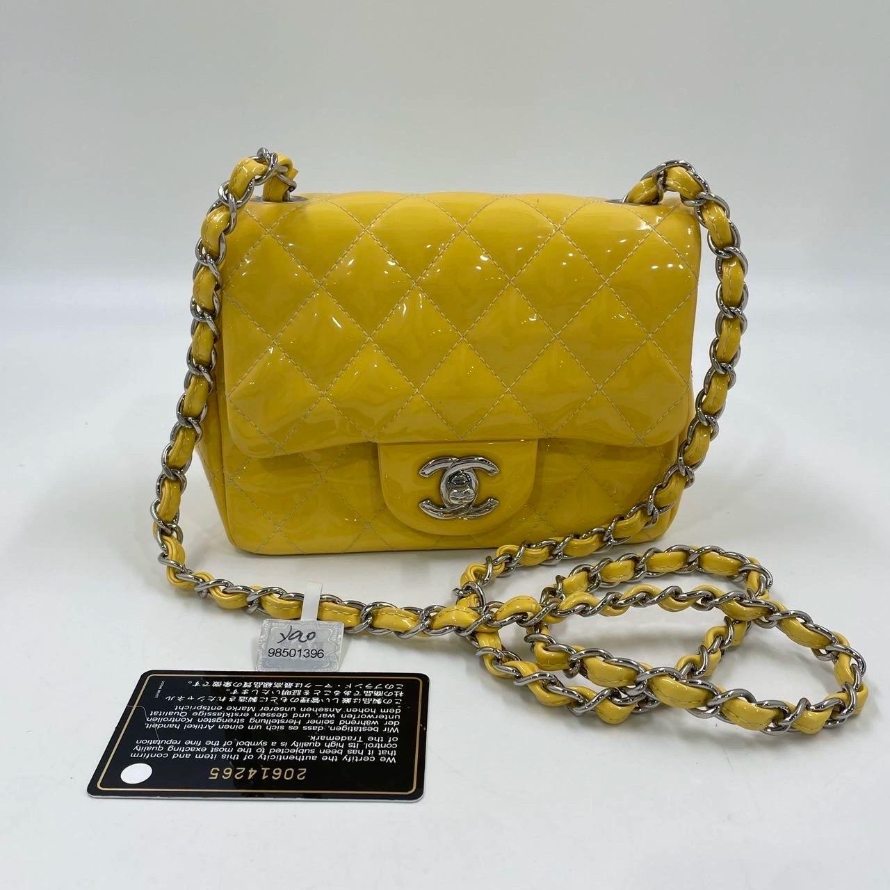 Women's Chanel Classic Flap Square Mini Yellow Patent Leather Silver Hardware For Sale