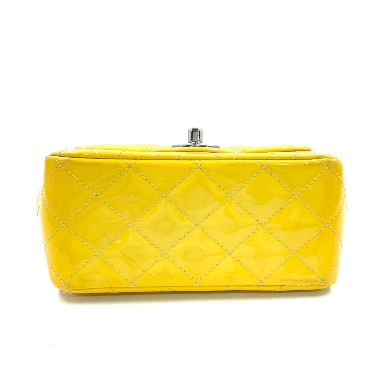 Chanel Classic Flap Square Mini Yellow Patent Leather Silver Hardware For Sale 1