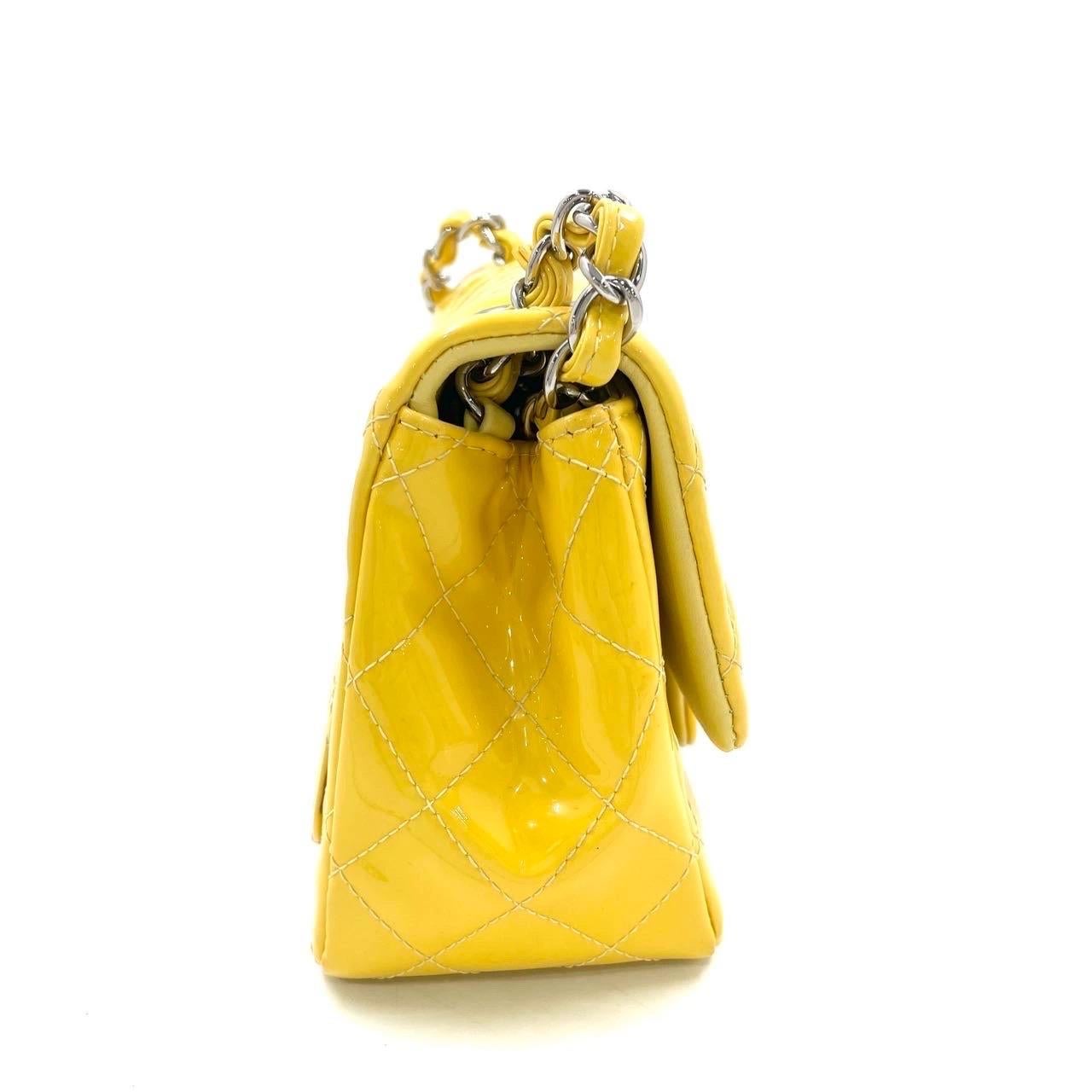Chanel Classic Flap Square Mini Yellow Patent Leather Silver Hardware For Sale 3