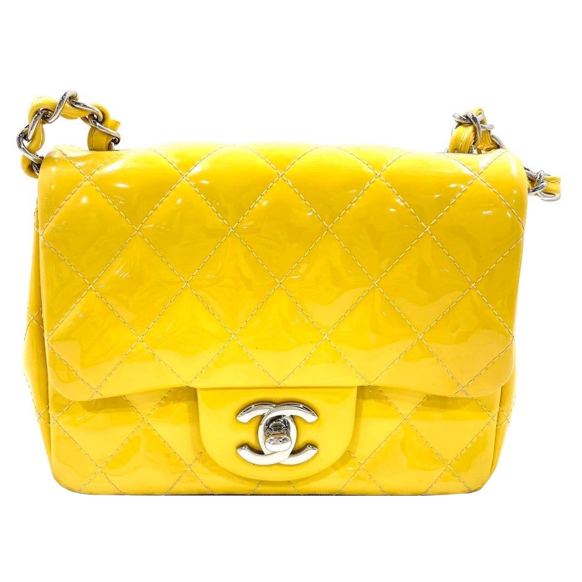 Chanel Classic Flap Square Mini Yellow Patent Leather Silver Hardware For Sale