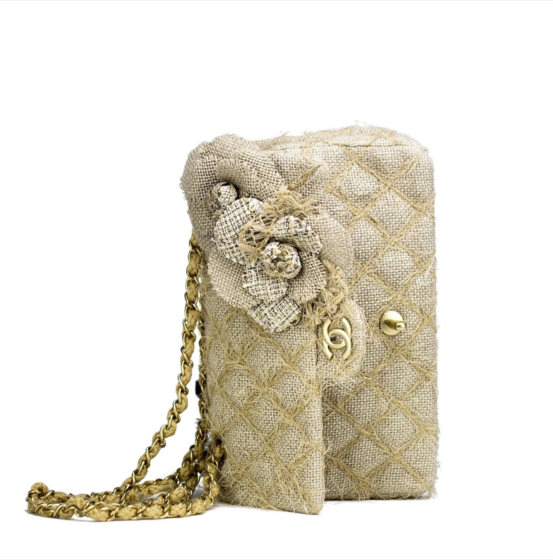 Women's or Men's Chanel Classic Flap Straw Camelia Nude Beige Jute Raffia Tweed Rope Shoulder Bag