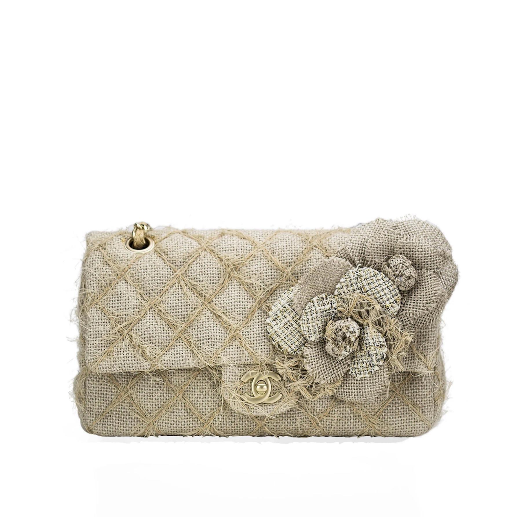 Chanel Classic Flap Straw Camelia Nude Beige Jute Raffia Tweed Rope Shoulder Bag 1