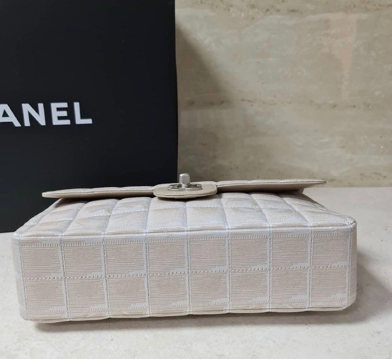 Chanel Classic Flap Travel Line Cc Logo Jacquard 7137 Beige Nylon Shoulder Bag In Excellent Condition In Krakow, PL