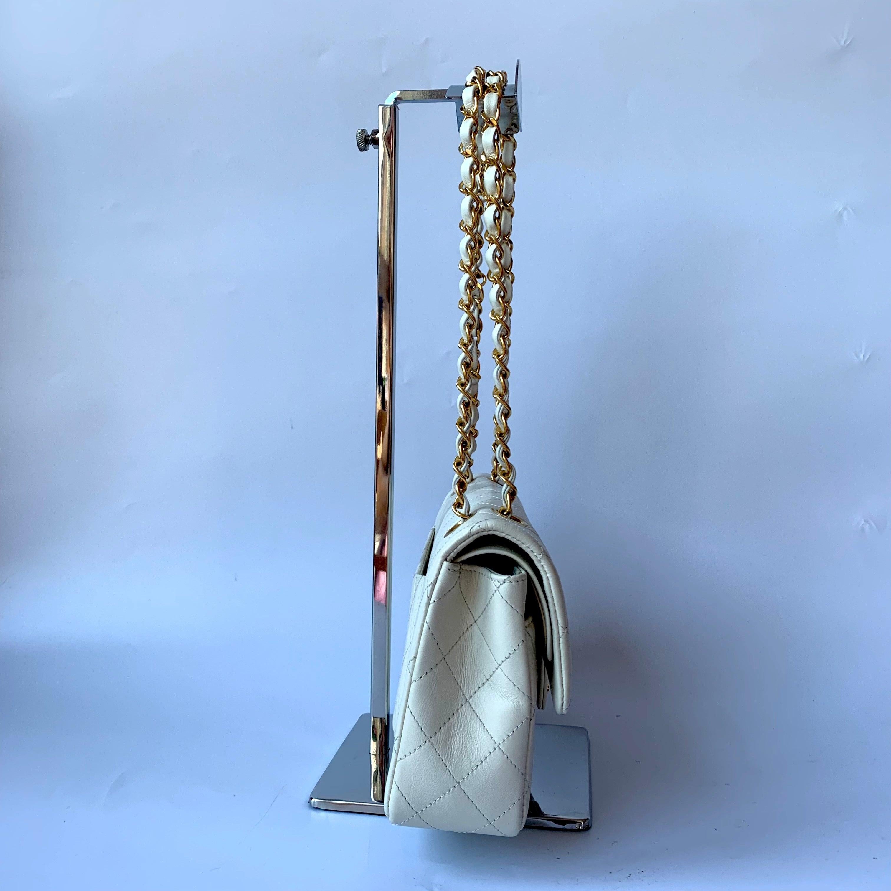 Gray Chanel Classic Flap Vintage 1995 White Lambskin Leather with 24k Gold Hardware