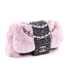 Chanel Classic Flap Vintage 2000s Pink & Grey Tweed and Fur Cross Body Bag