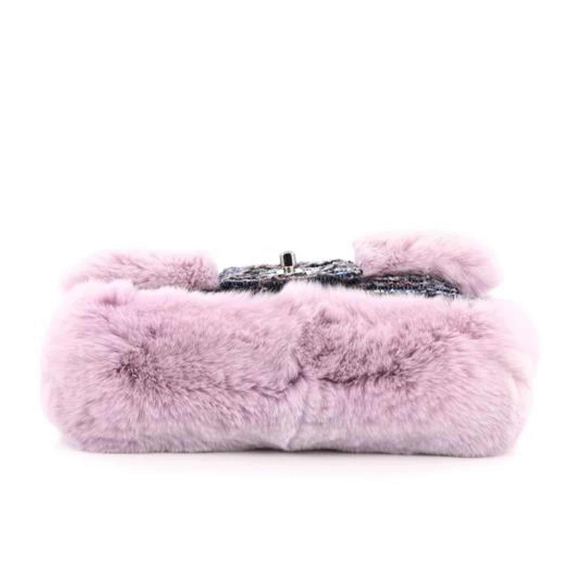 Chanel Rare 2005 Vintage Classic Flap Pink & Grey Tweed Fur Cross Body Bag 4