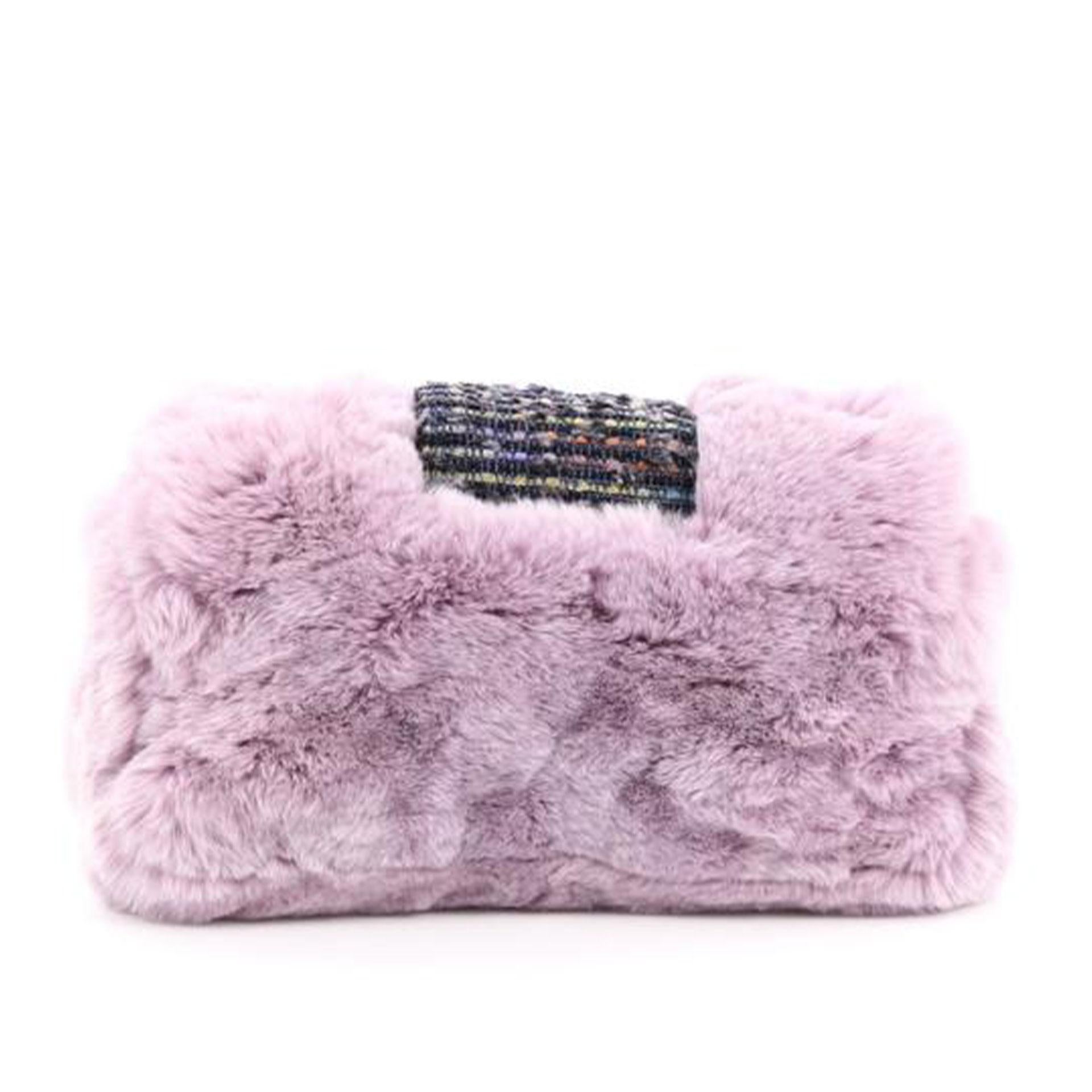 Chanel Rare 2005 Vintage Classic Flap Pink & Grey Tweed Fur Cross Body Bag 3