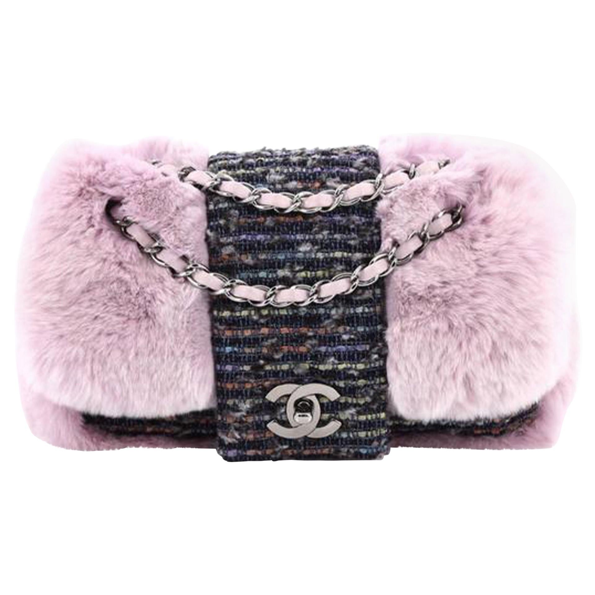 Chanel Classic Flap Vintage 2000s Pink and Grey Tweed and Fur