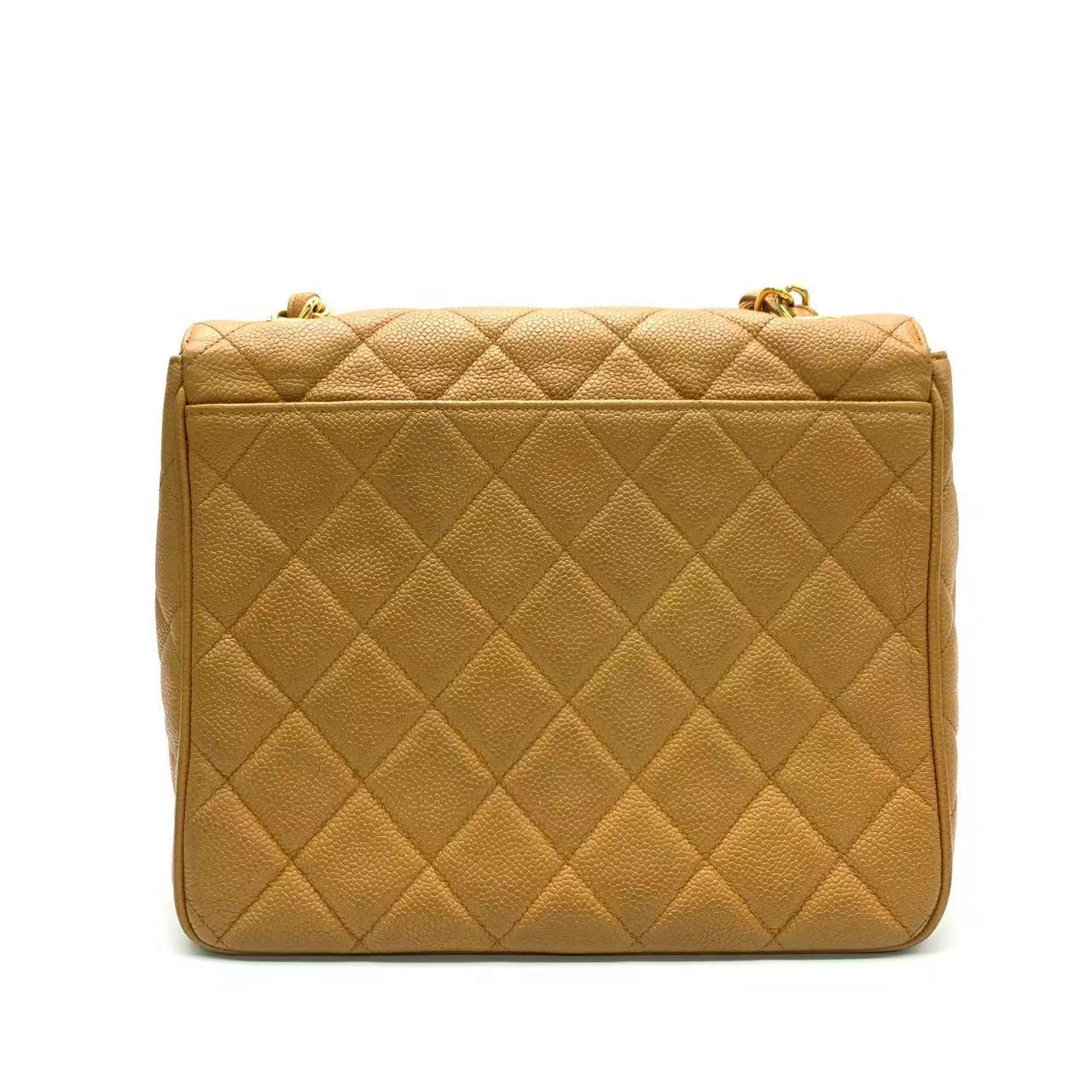 Brown Chanel Classic Flap Vintage Camel Caviar Leather 24k Gold Plated Big CC Logo For Sale