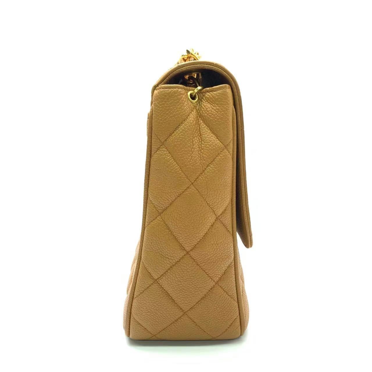 Women's Chanel Classic Flap Vintage Camel Caviar Leather 24k Gold Plated Big CC Logo For Sale