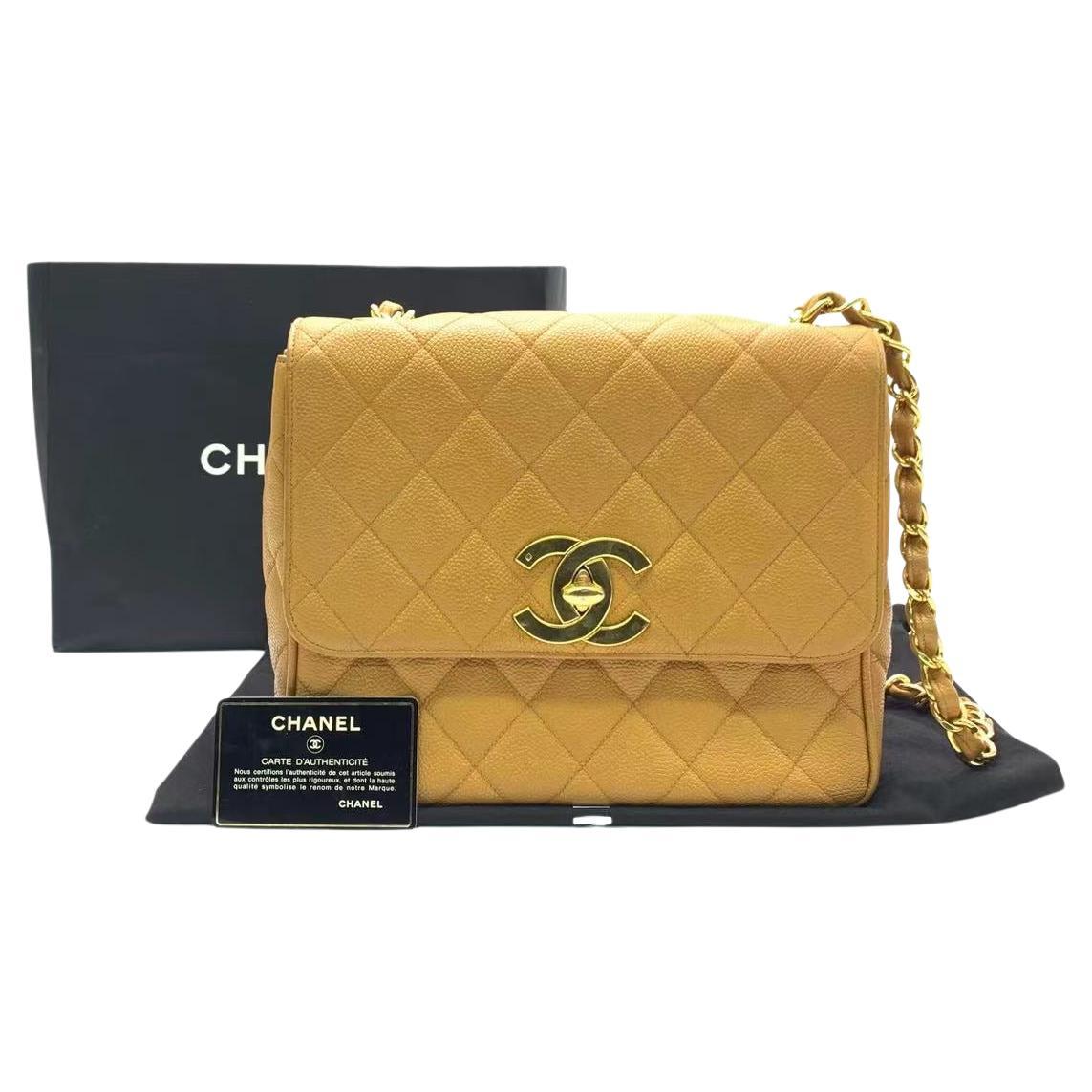 Chanel Classic Flap Vintage Camel Caviar Leather 24k Gold Plated Big CC Logo For Sale