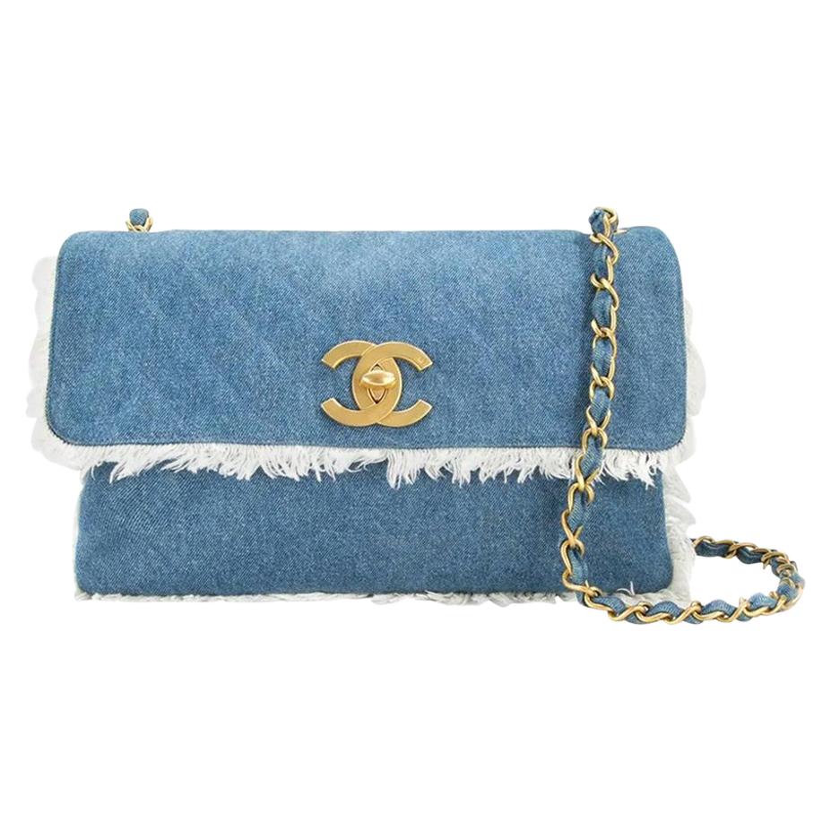 Chanel Classic Flap Vintage Fringe Quilted Jumbo Maxi Jean Blue Denim Bag  For Sale at 1stDibs