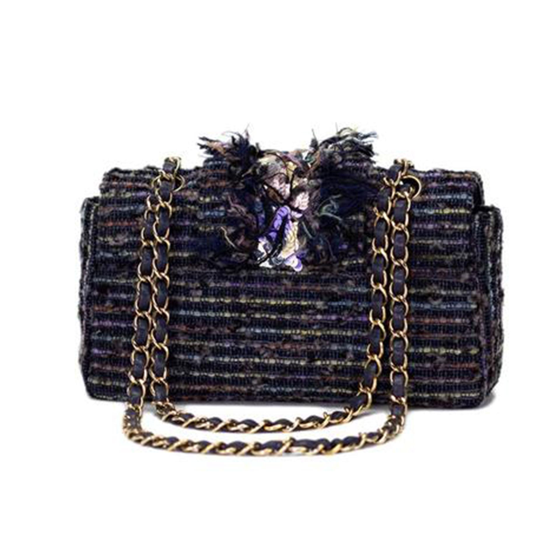 Chanel 2005 Classic Flap Vintage Jeweled Sequin Mermaid Navy Blue Tweed Bag In Good Condition For Sale In Miami, FL