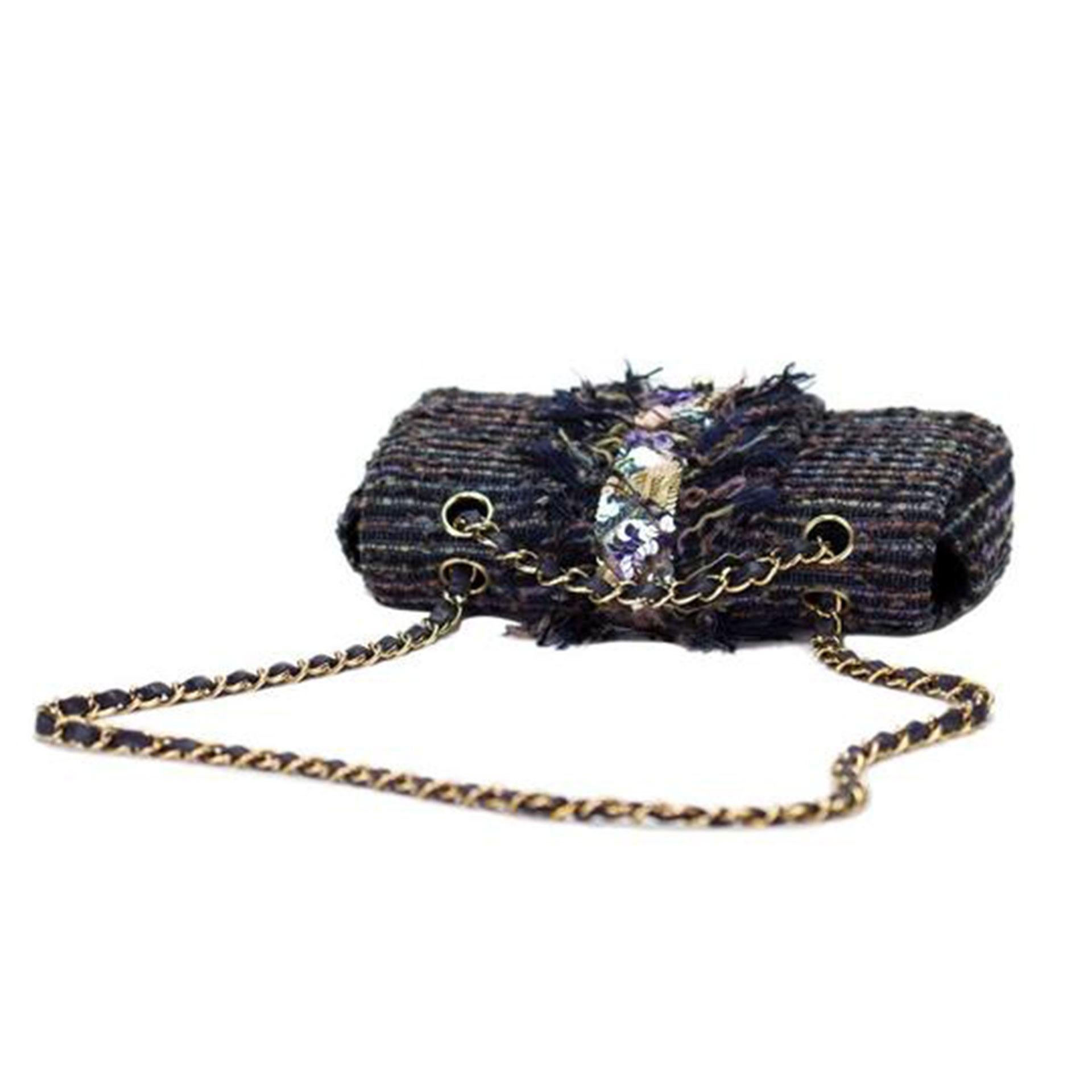 Women's or Men's Chanel 2005 Classic Flap Vintage Jeweled Sequin Mermaid Navy Blue Tweed Bag For Sale