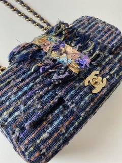Chanel Classic Flap Vintage Jeweled Sequin Mermaid Navy Blue Tweed Shoulder Bag