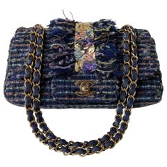 Chanel Classic Flap Vintage Jeweled Sequin Mermaid Navy Blue Tweed Shoulder Bag