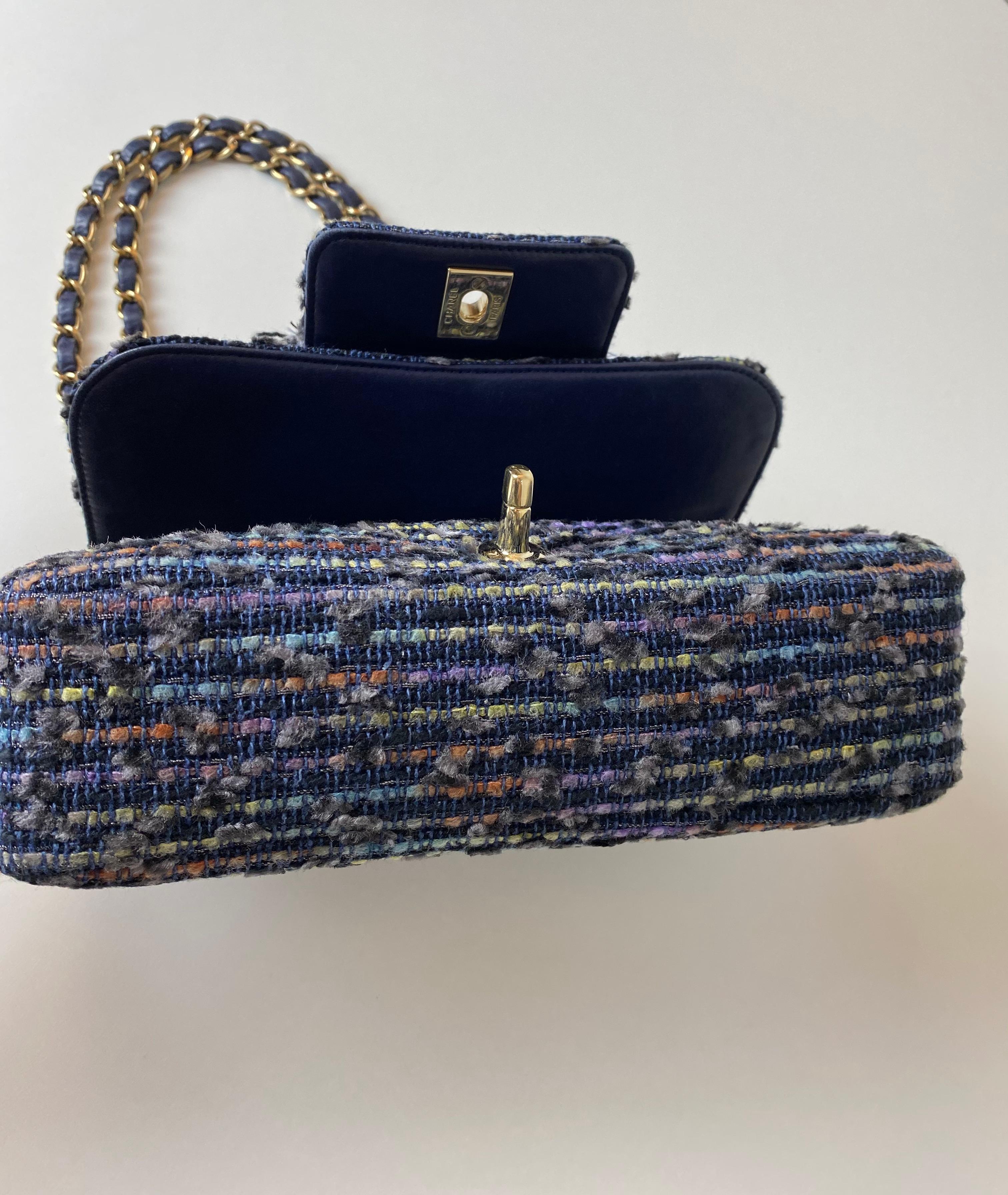 Chanel 2005 Classic Flap Vintage Jeweled Sequin Mermaid Navy Blue Tweed Bag For Sale 7