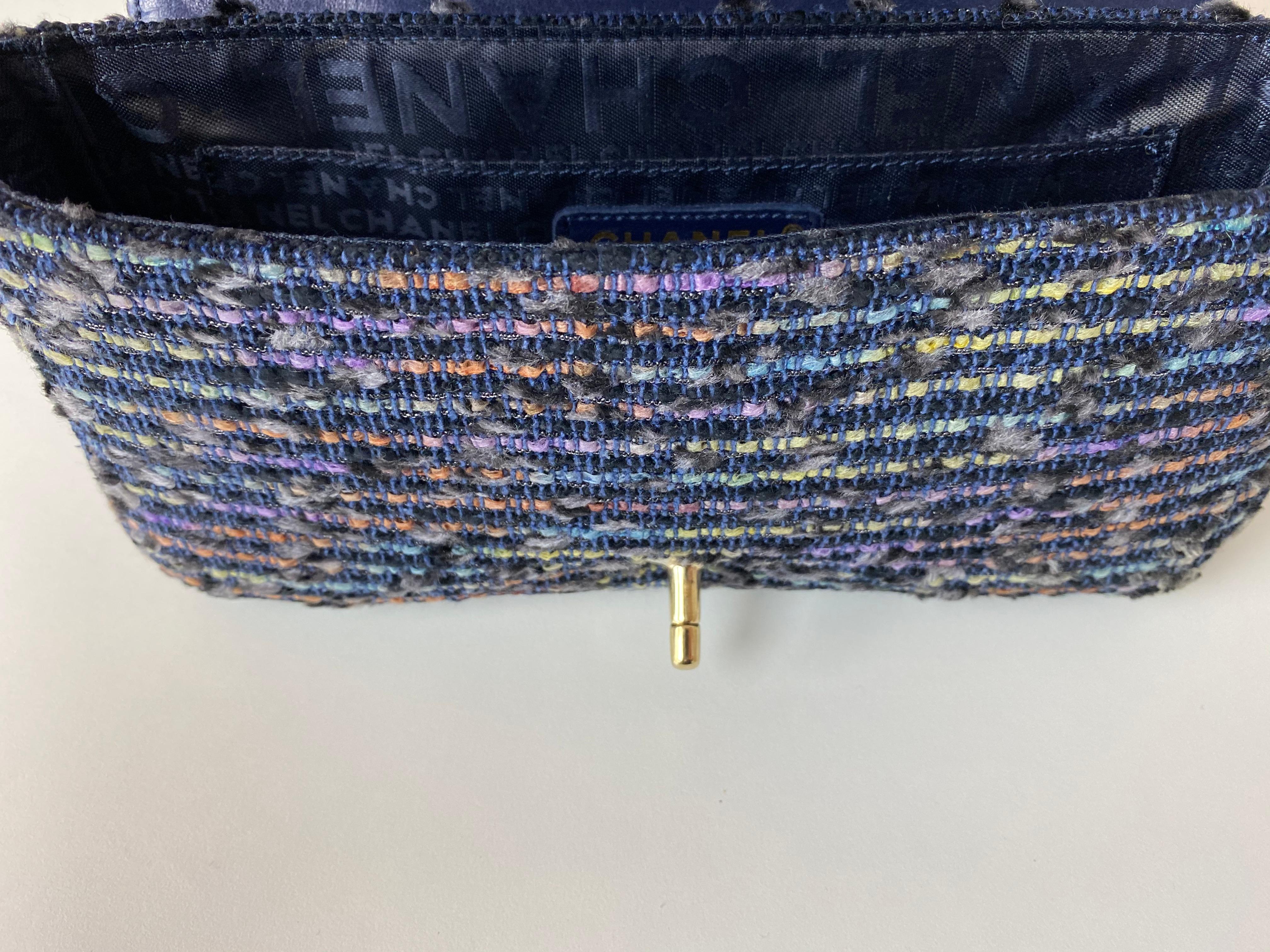 Chanel 2005 Classic Flap Vintage Jeweled Sequin Mermaid Navy Blue Tweed Bag For Sale 8
