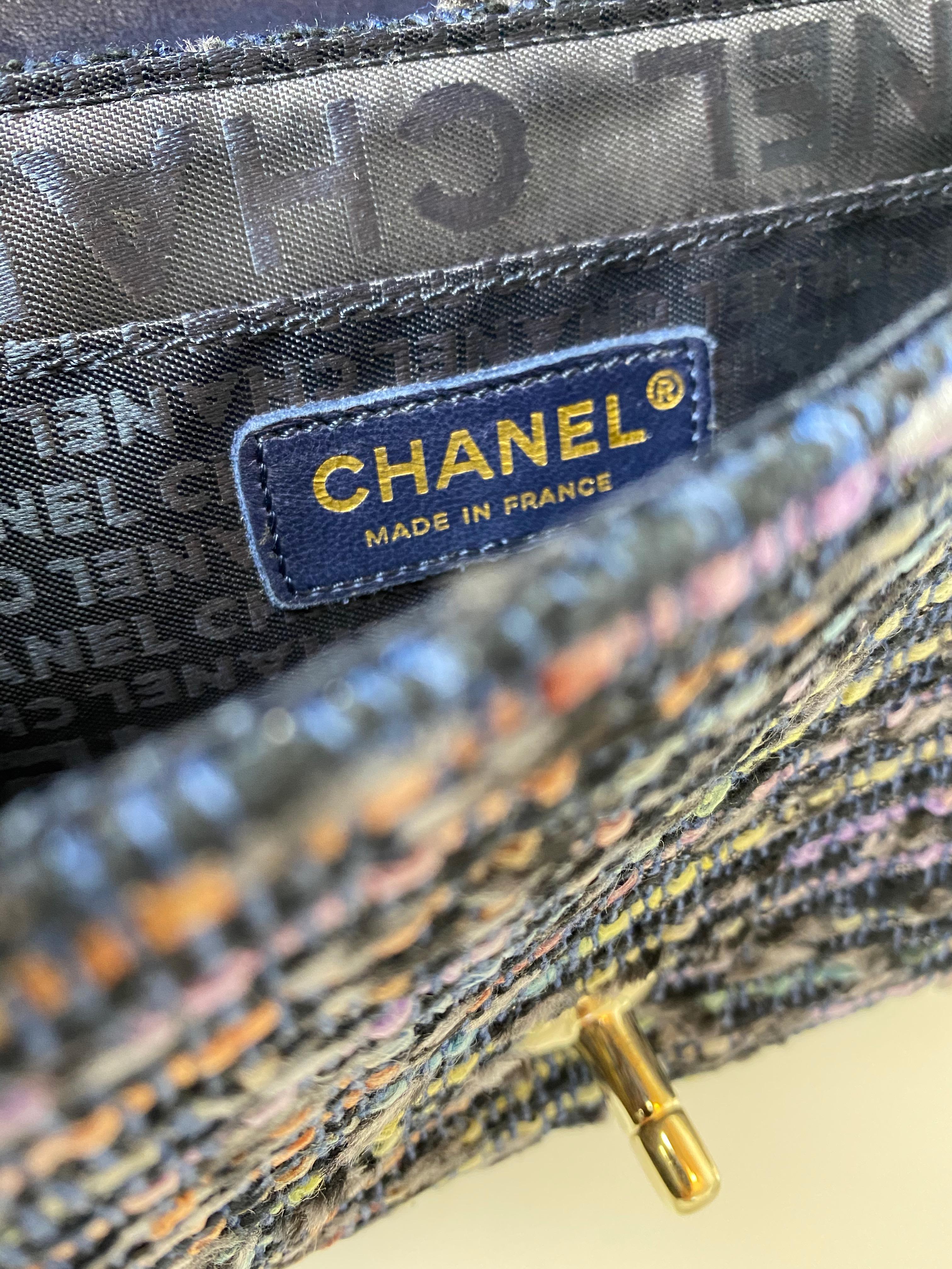 Chanel 2005 Classic Flap Vintage Jeweled Sequin Mermaid Navy Blue Tweed Bag For Sale 9