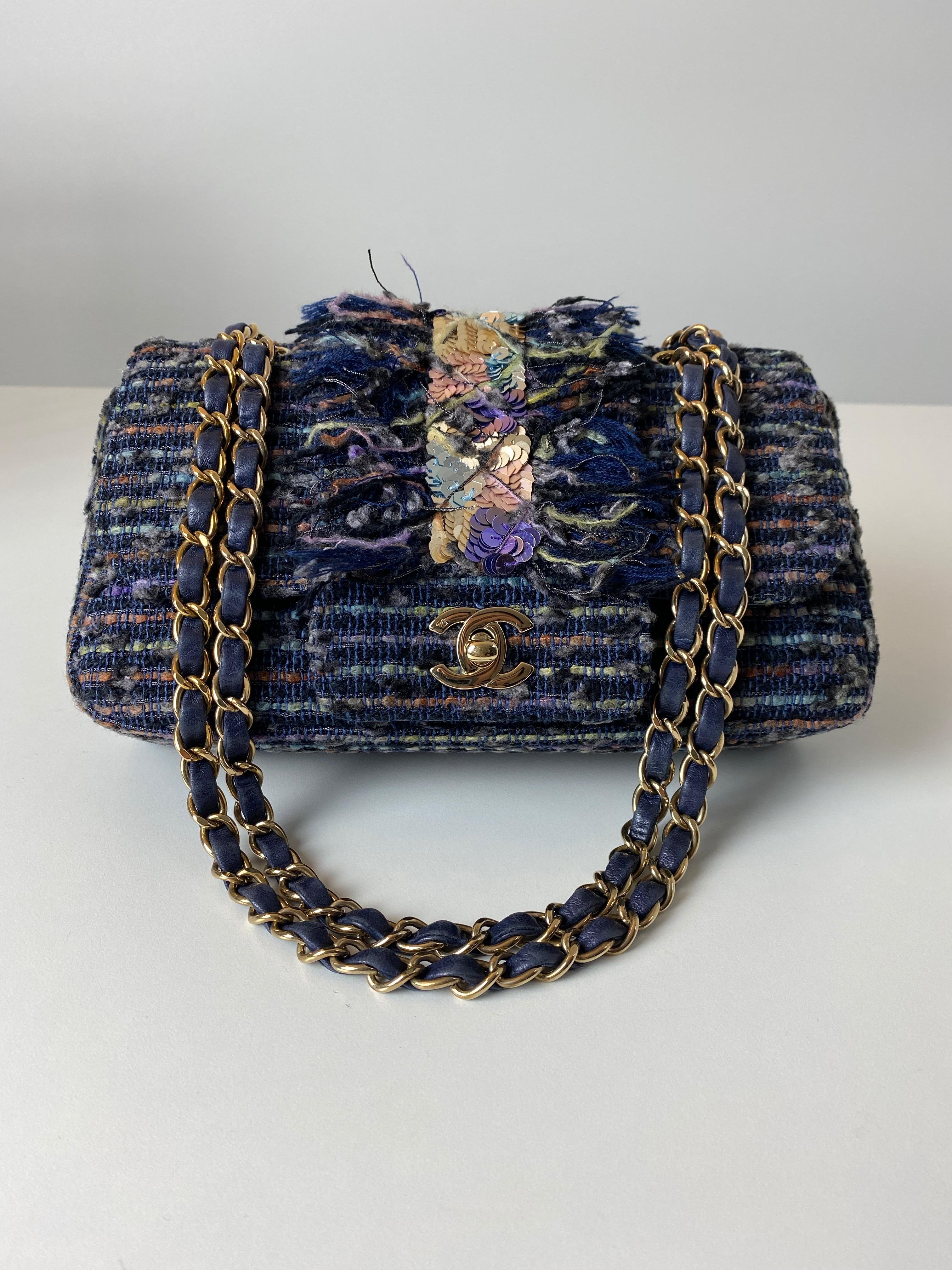 Chanel 2005 Classic Flap Vintage Jeweled Sequin Mermaid Navy Blue Tweed Bag For Sale 1