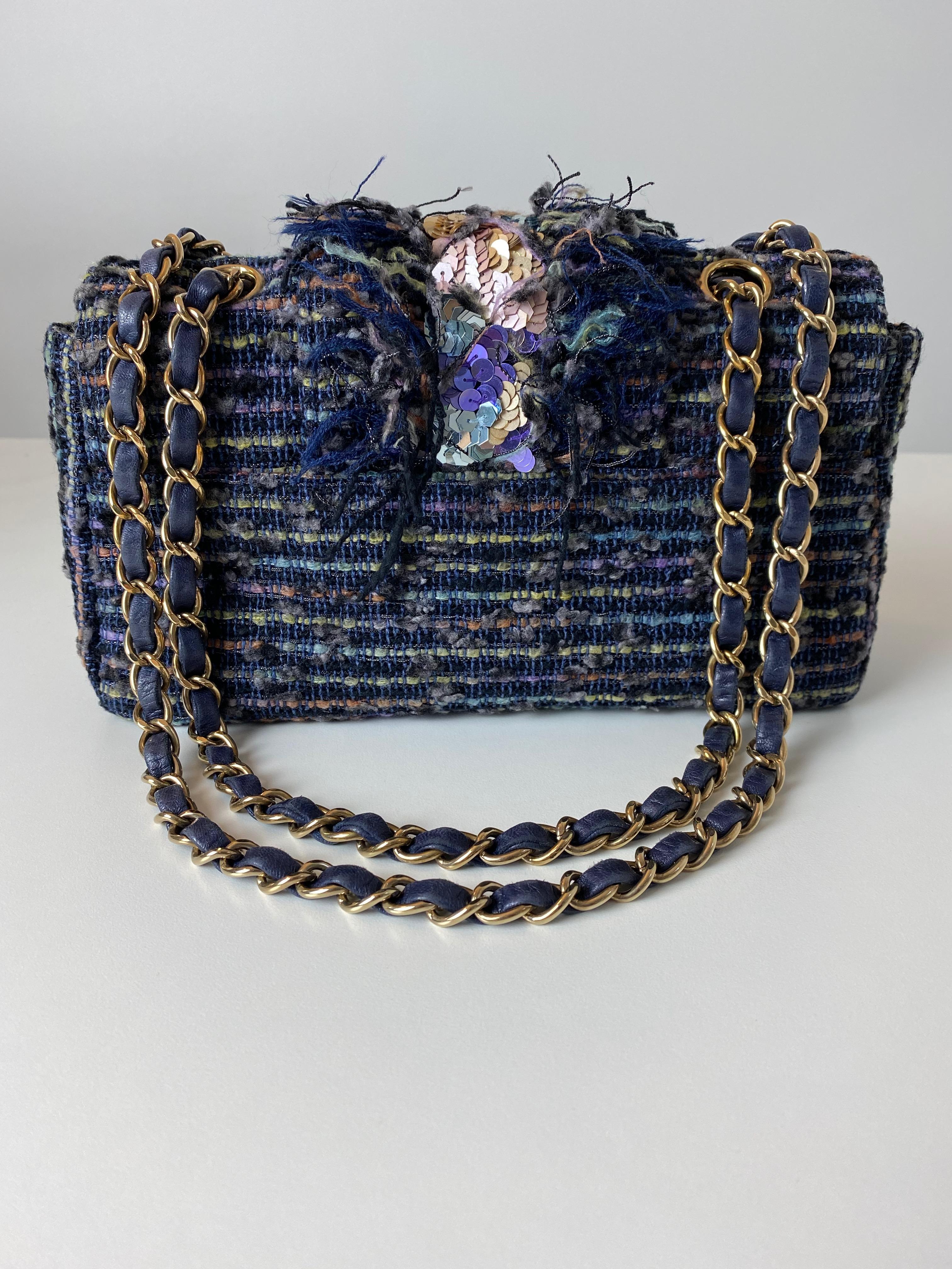 Chanel 2005 Classic Flap Vintage Jeweled Sequin Mermaid Navy Blue Tweed Bag For Sale 2