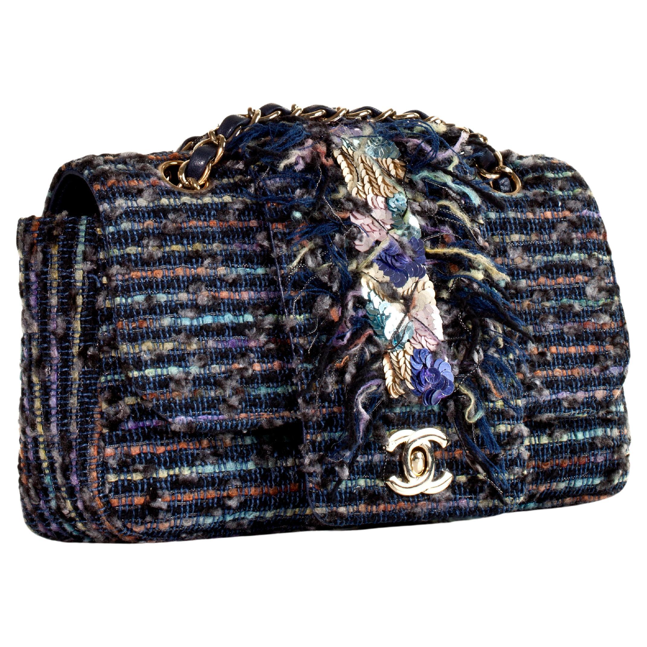 Chanel 2005 Classic Flap Vintage Jeweled Sequin Mermaid Navy Blue Tweed Bag For Sale