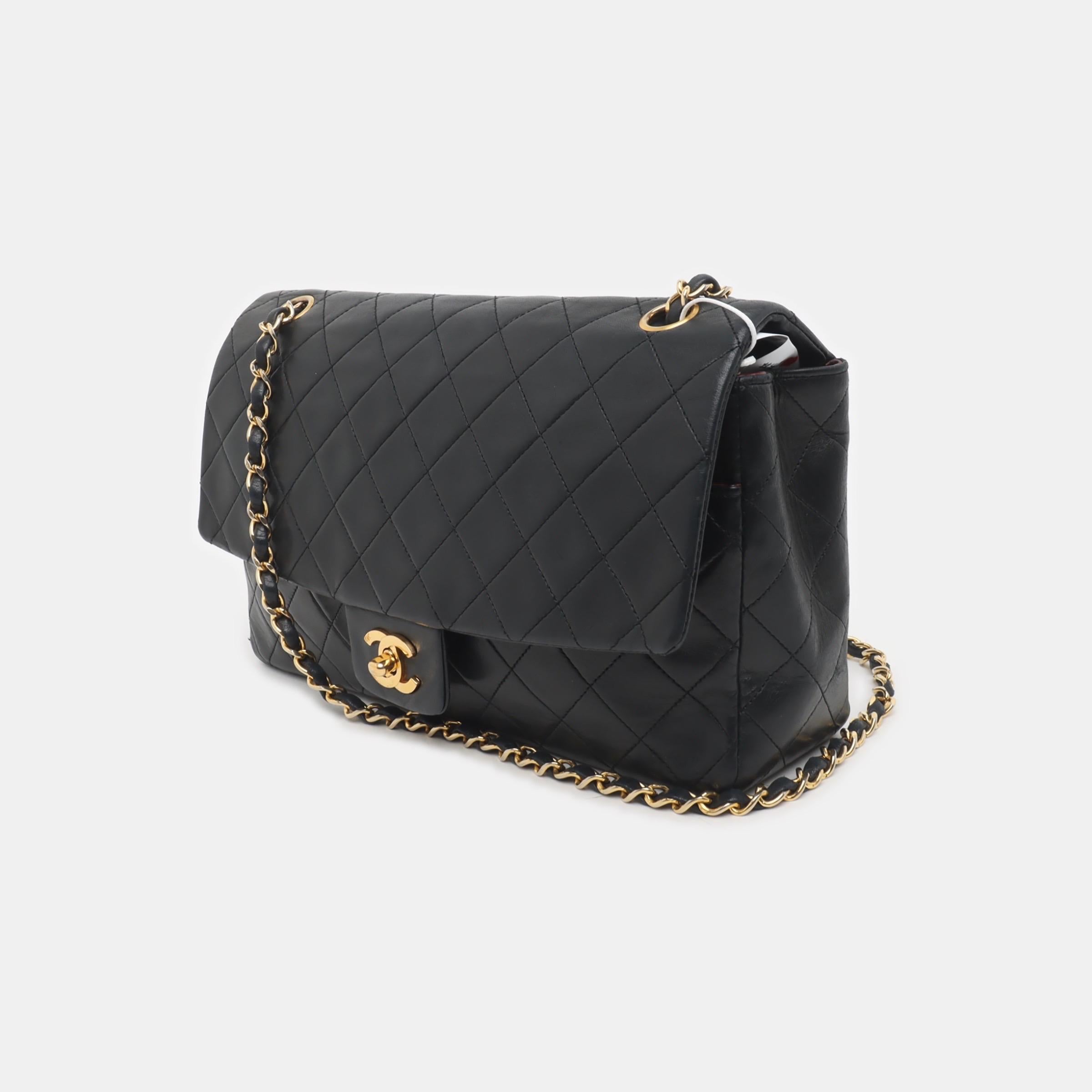 Women's Chanel Classic Flap Vintage Large Black Lambskin Leather with 24k Gold Hardware