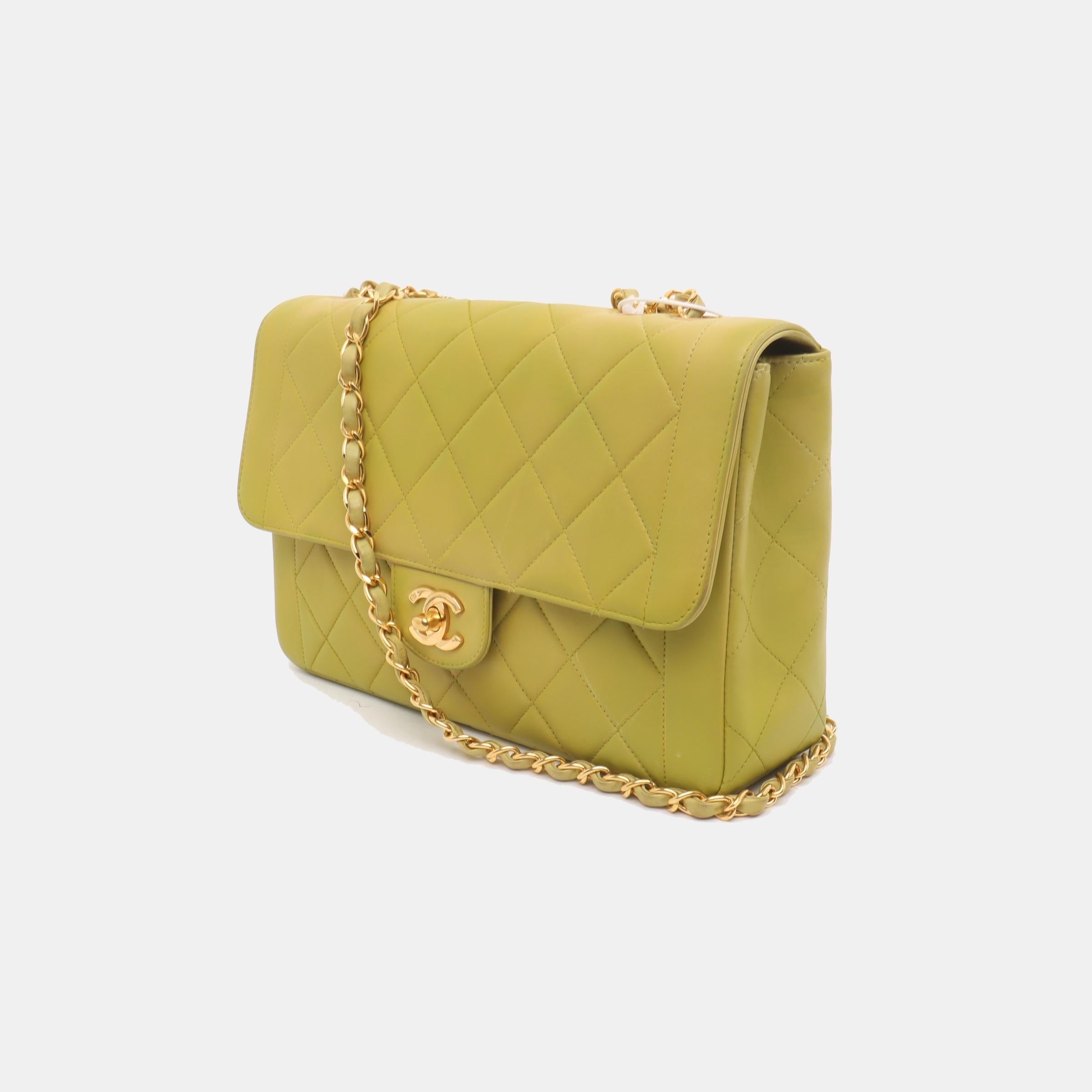 Brown Chanel Classic Flap Vintage Light Yellow Green Lambskin Leather with 24k GHW For Sale