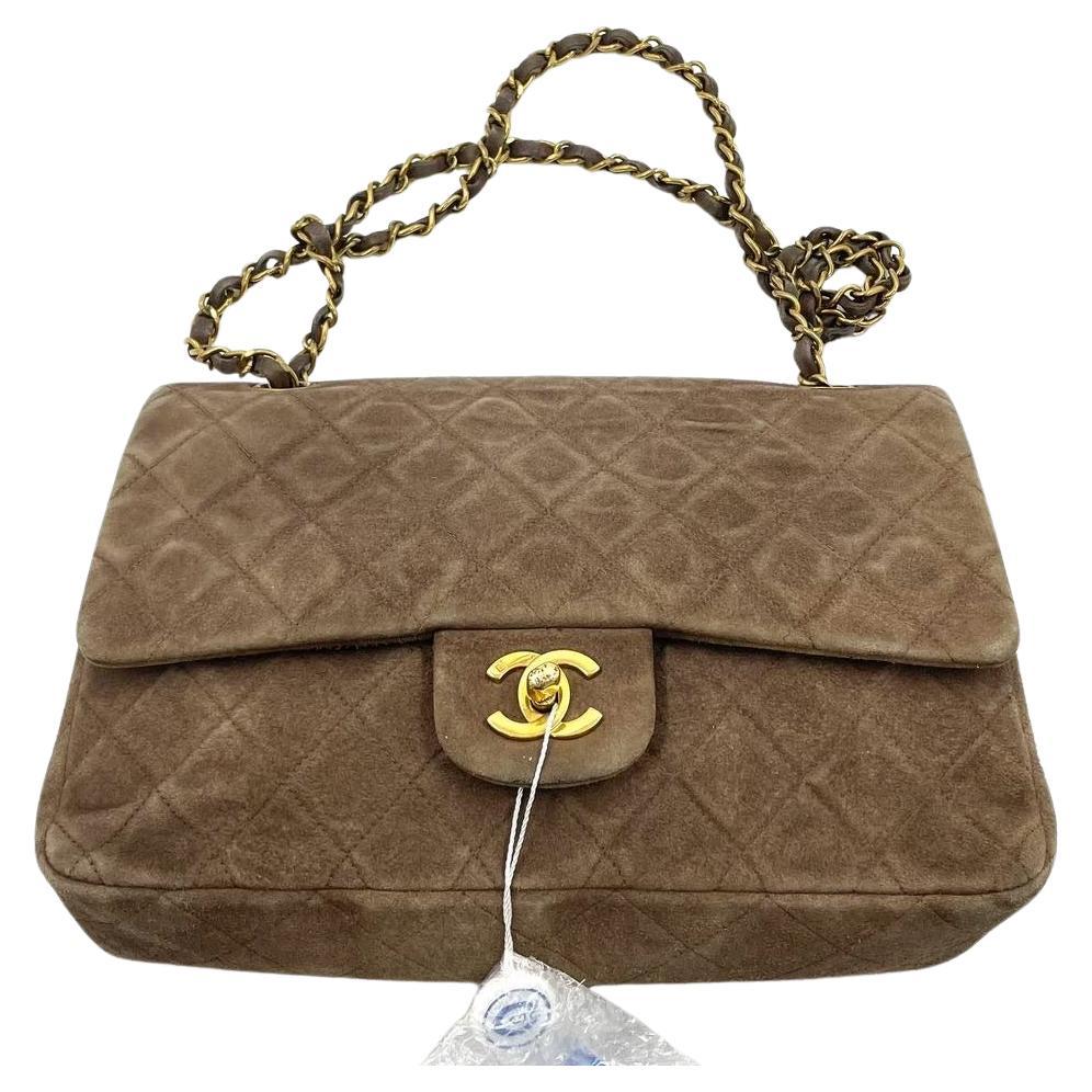 Chanel Classic Flap Vintage Medium Brown Suede Leather with 24k Gold HW, 1991-19 For Sale