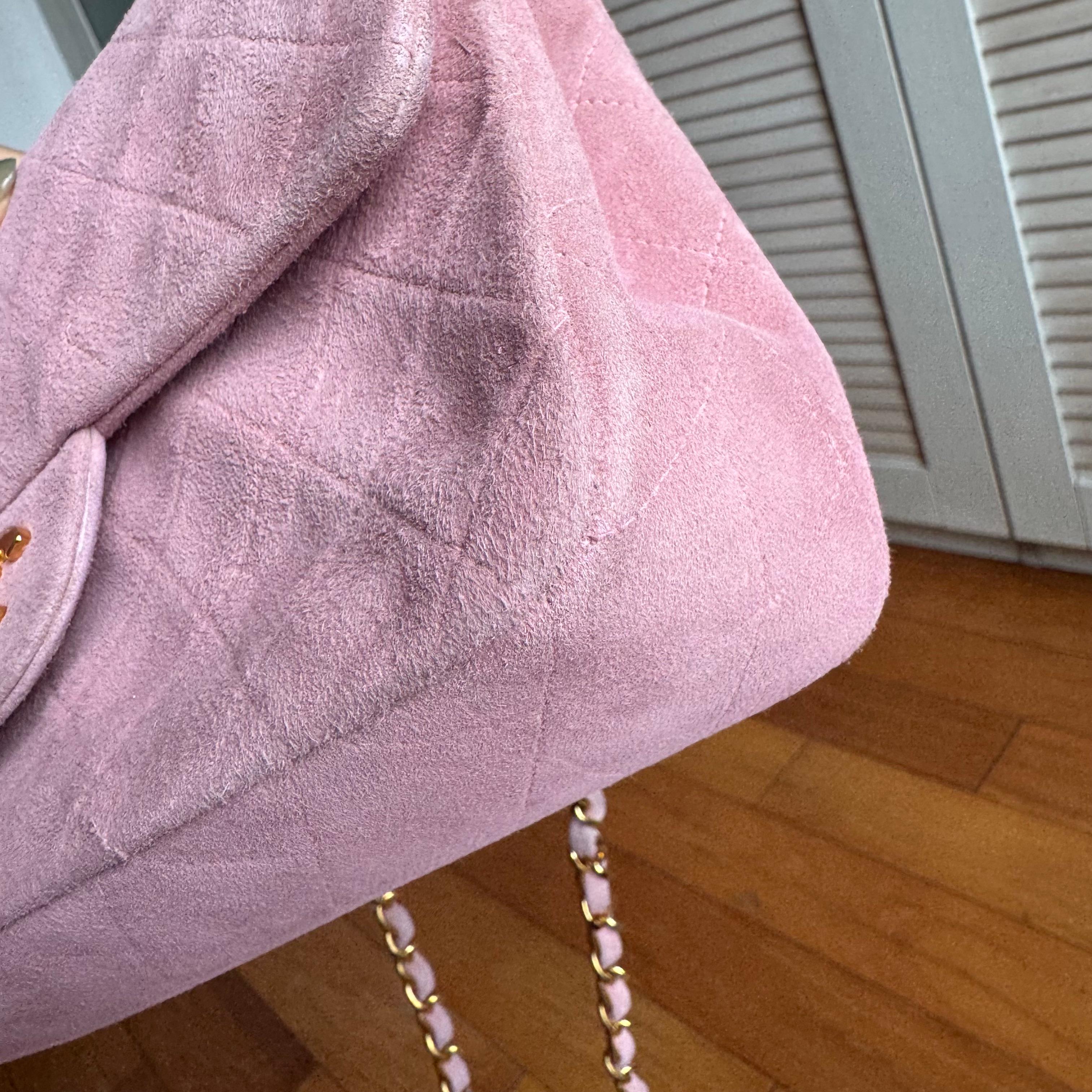 Chanel Classic Flap Vintage Small Pink Suede Leather with 24k Gold HW, 1991-1994 For Sale 5