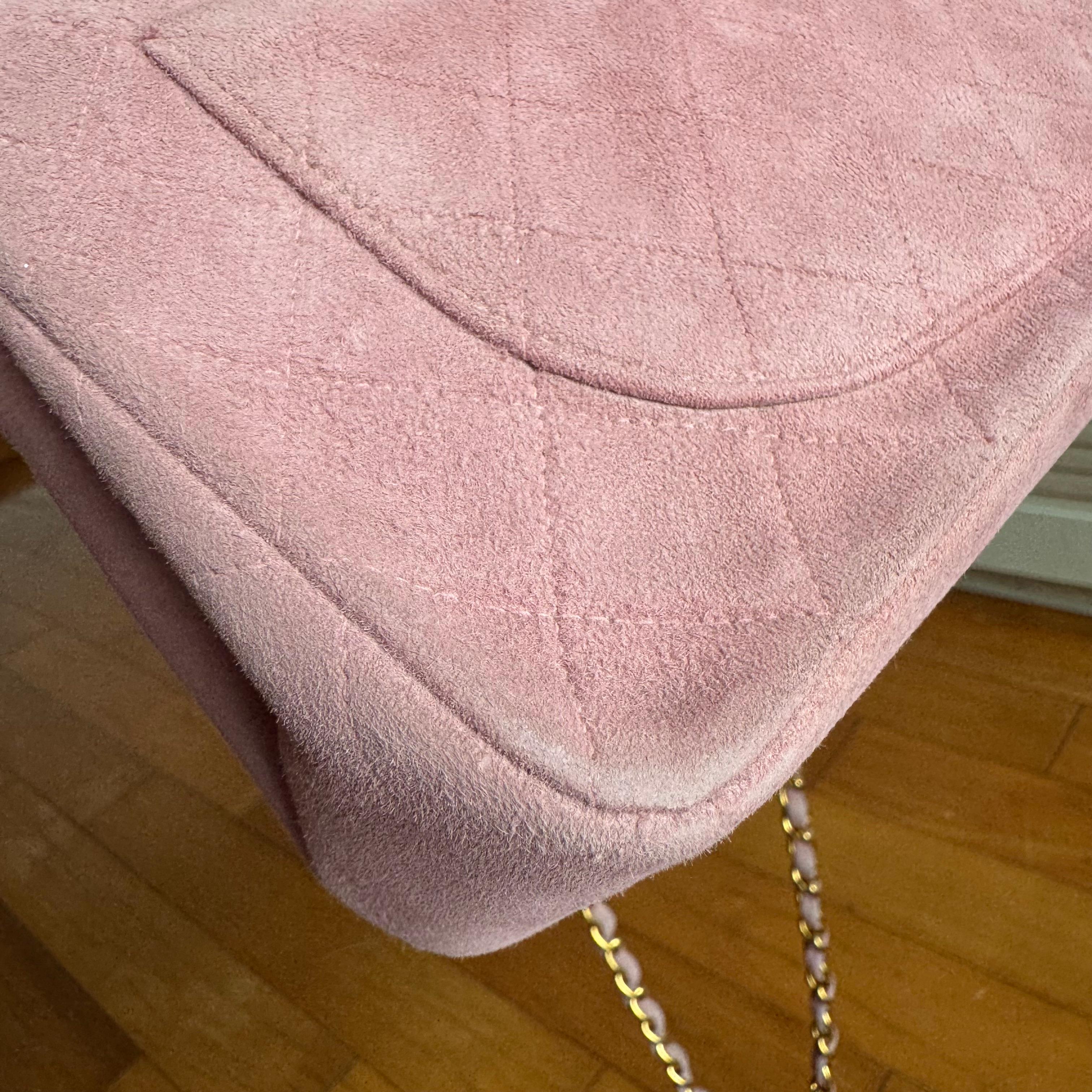 Chanel Classic Flap Vintage Small Pink Suede Leather with 24k Gold HW, 1991-1994 For Sale 7